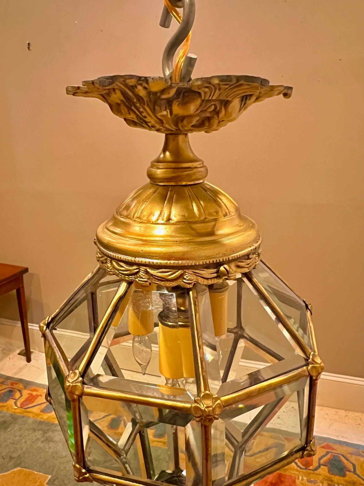 Italian Bronze & Beveled Glass Lantern, Italy, Circa: 1940 For Sale