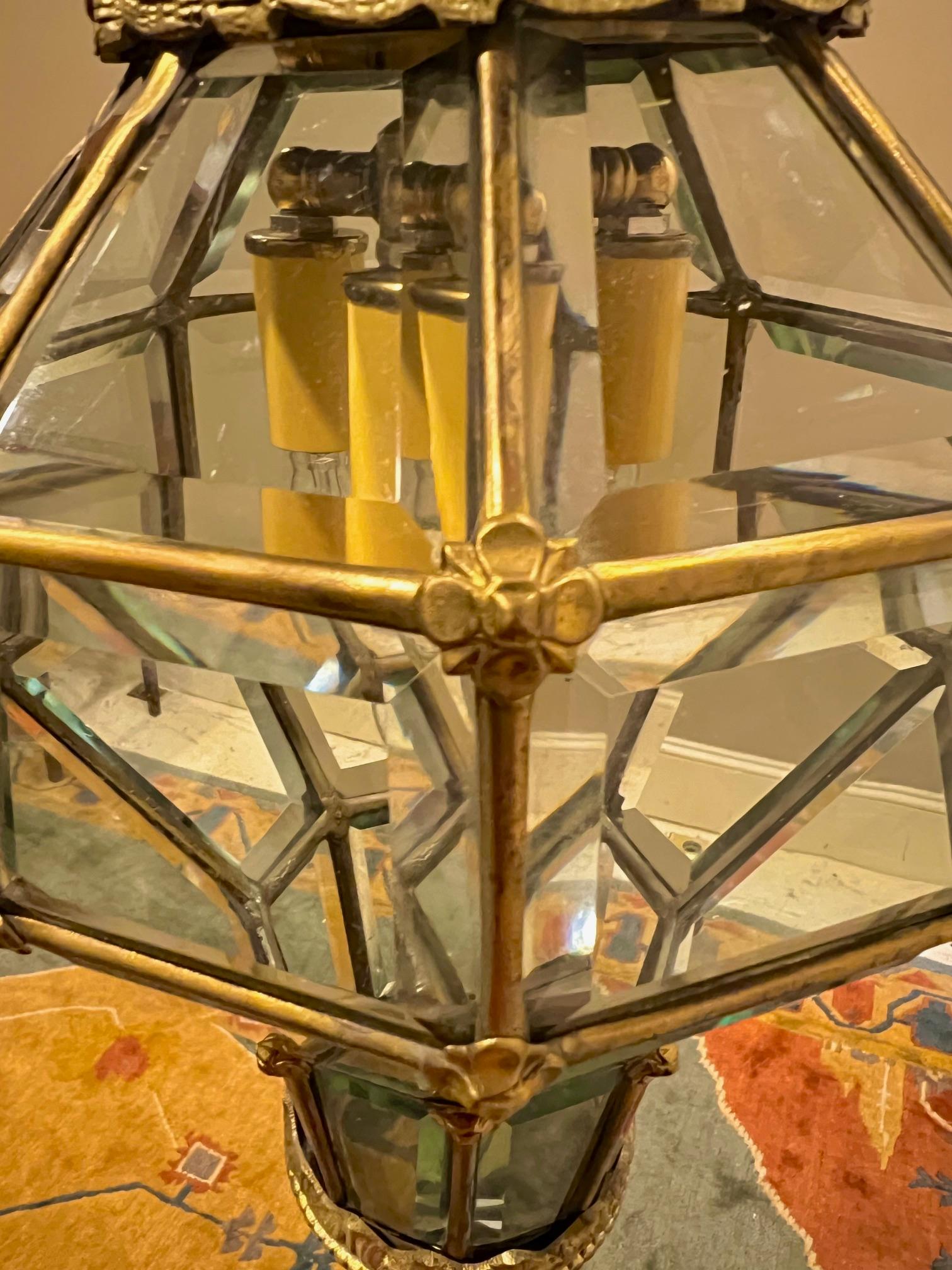 20th Century Bronze & Beveled Glass Lantern, Italy, Circa: 1940 For Sale