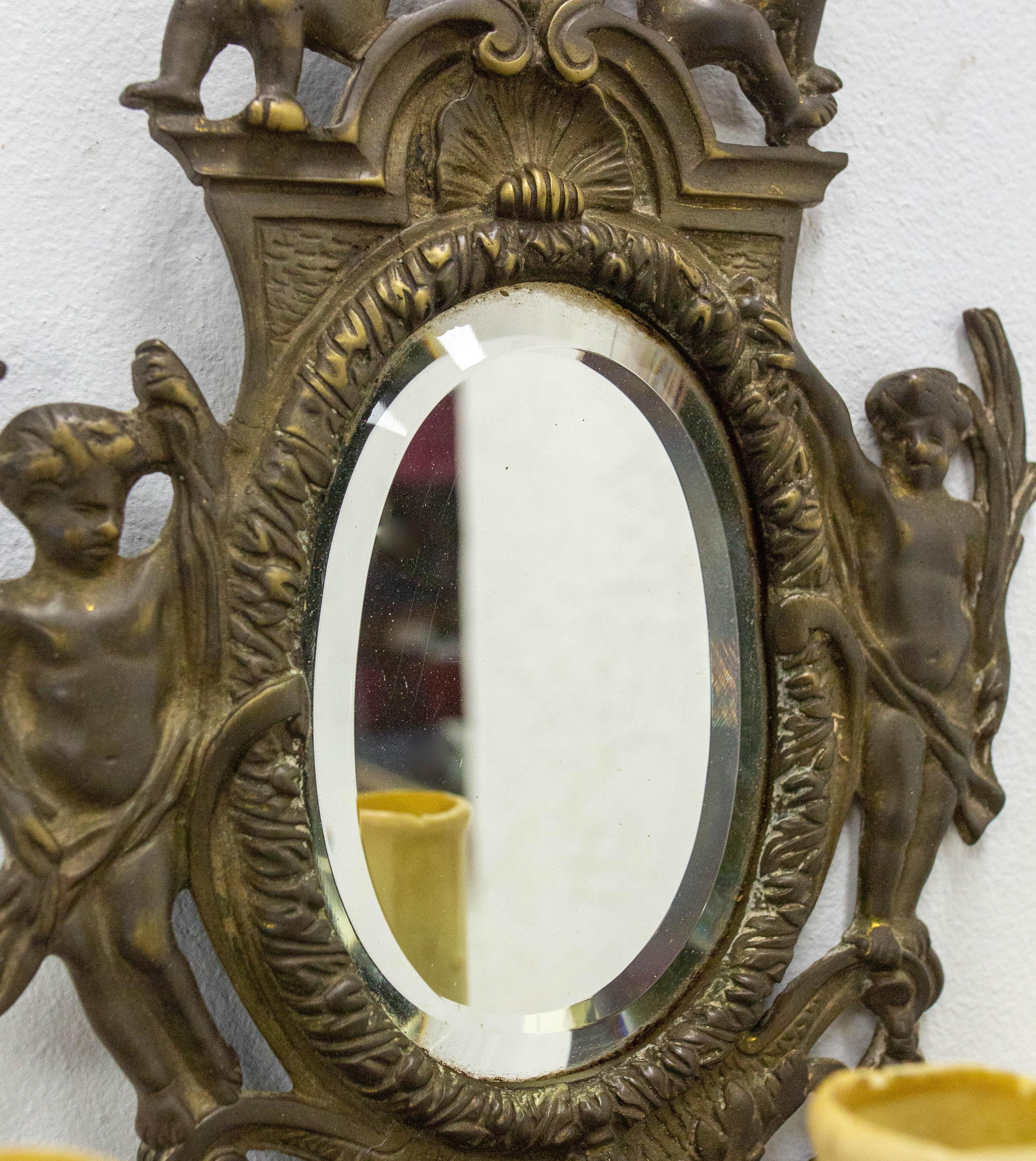 Lámpara de bronce y espejo biselado de tres luces estilo Luis XVI de finales del siglo XIX en venta 2