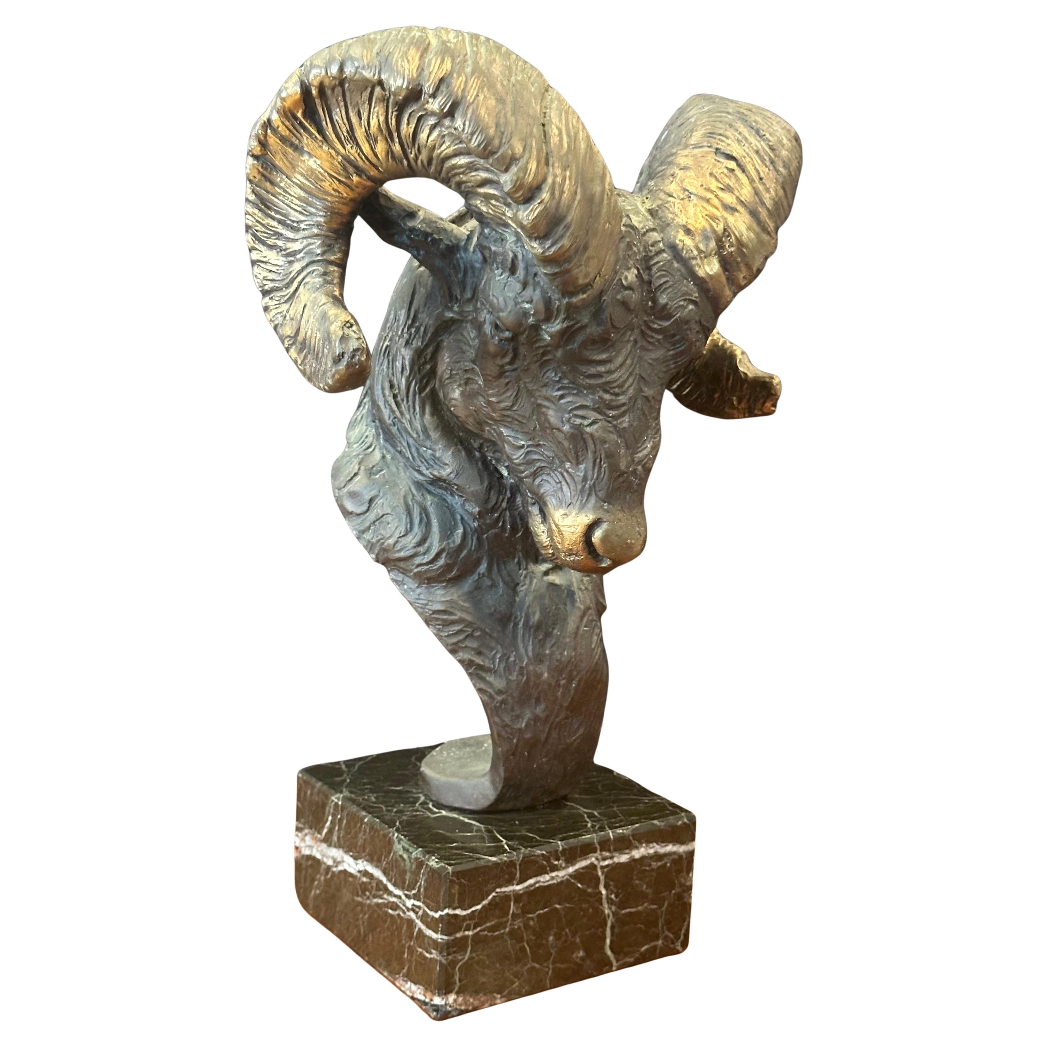American Bronze Bighorn Ram Bust Sculpture Entitled 