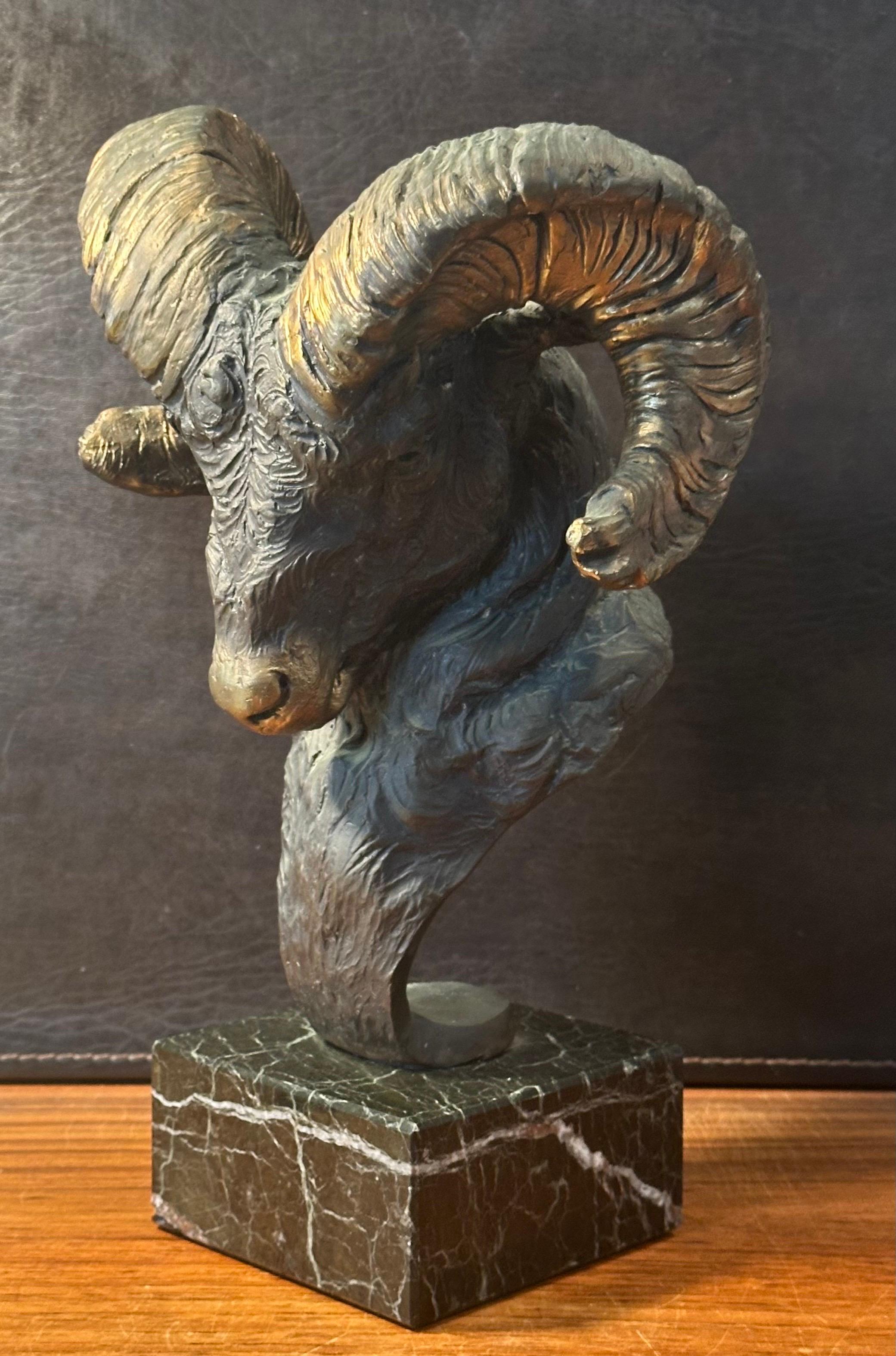 Bronze Bighorn Ram Bust Sculpture Entitled 