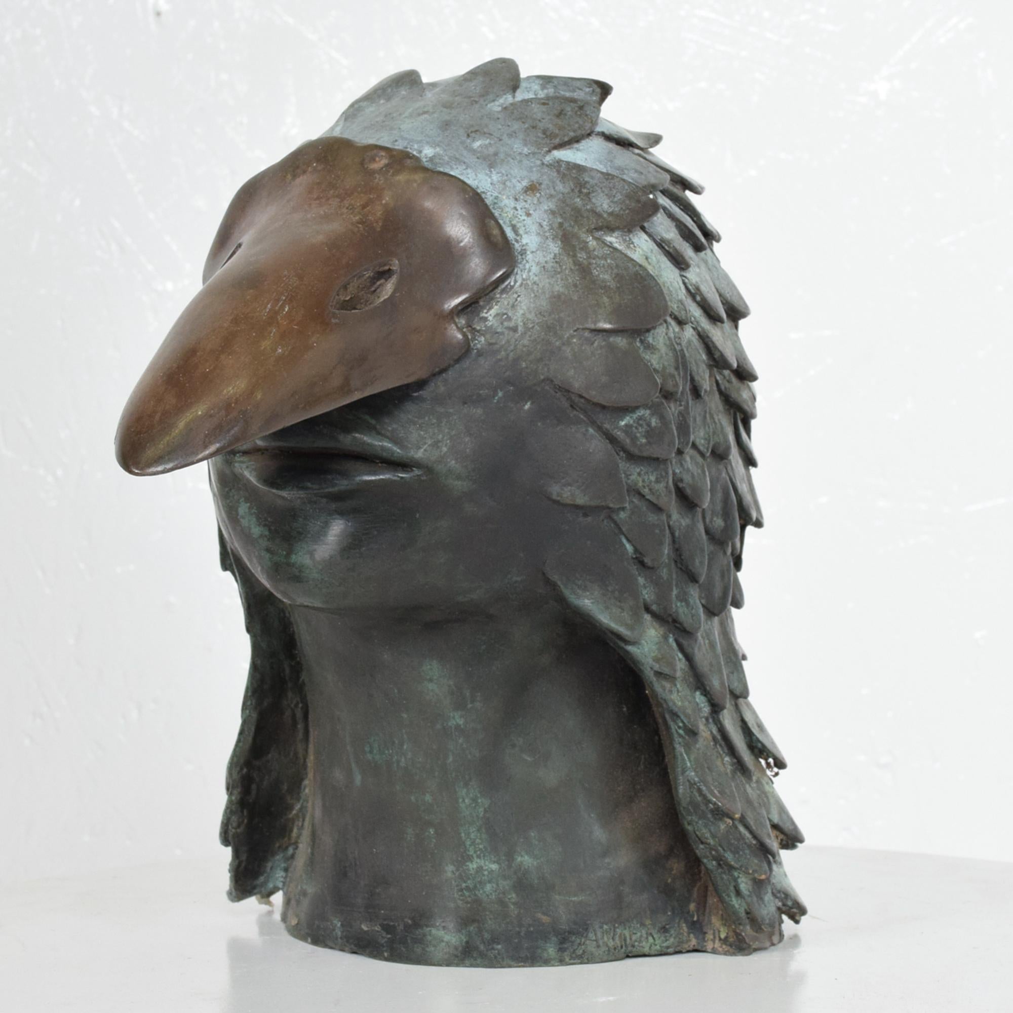 Bronze Bird Man Head Beak Art Sculpture Signed ARIESA Mexico 1960s Brutalism 1