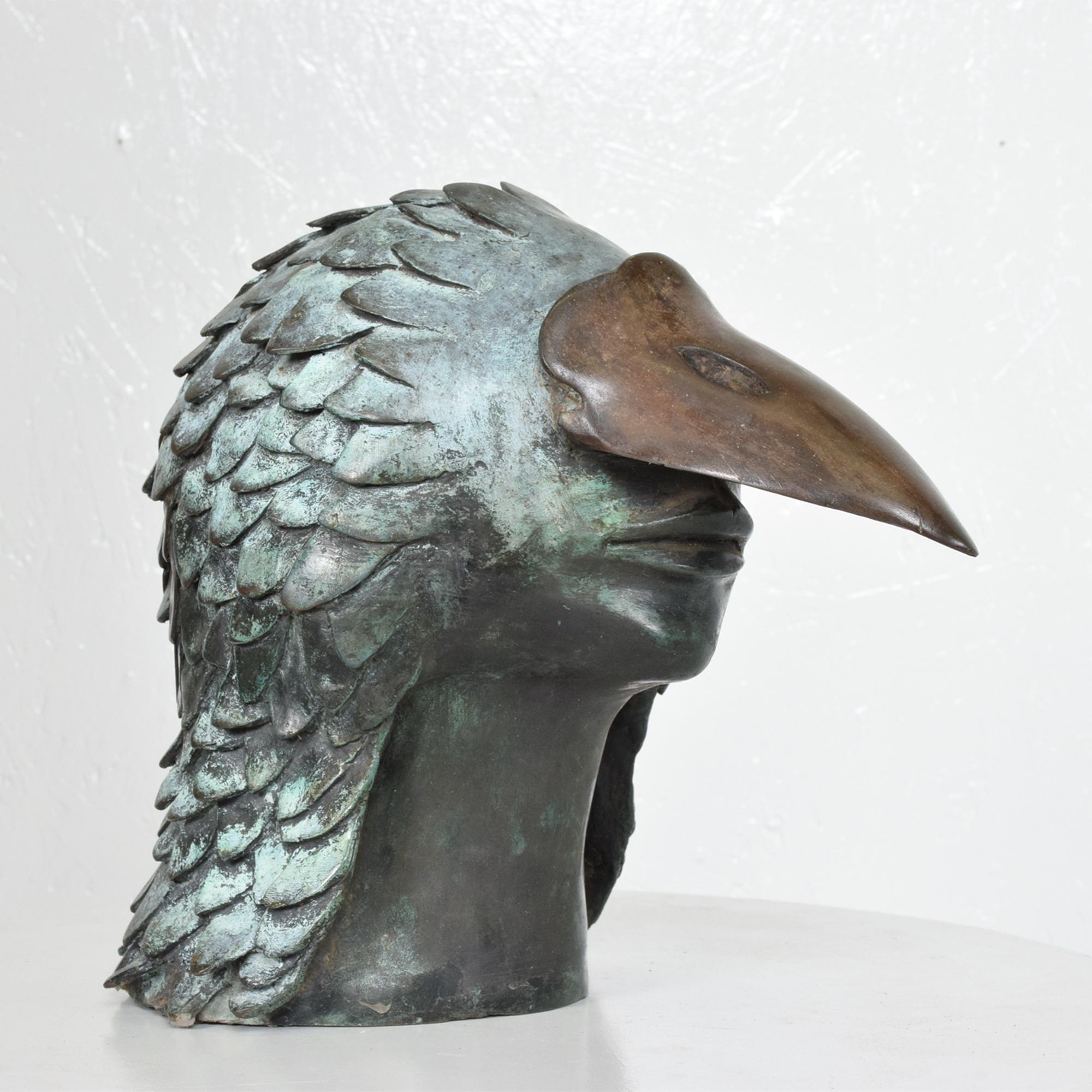 Bronze Bird Man Head Beak Art Sculpture Signed ARIESA Mexico 1960s Brutalism 3