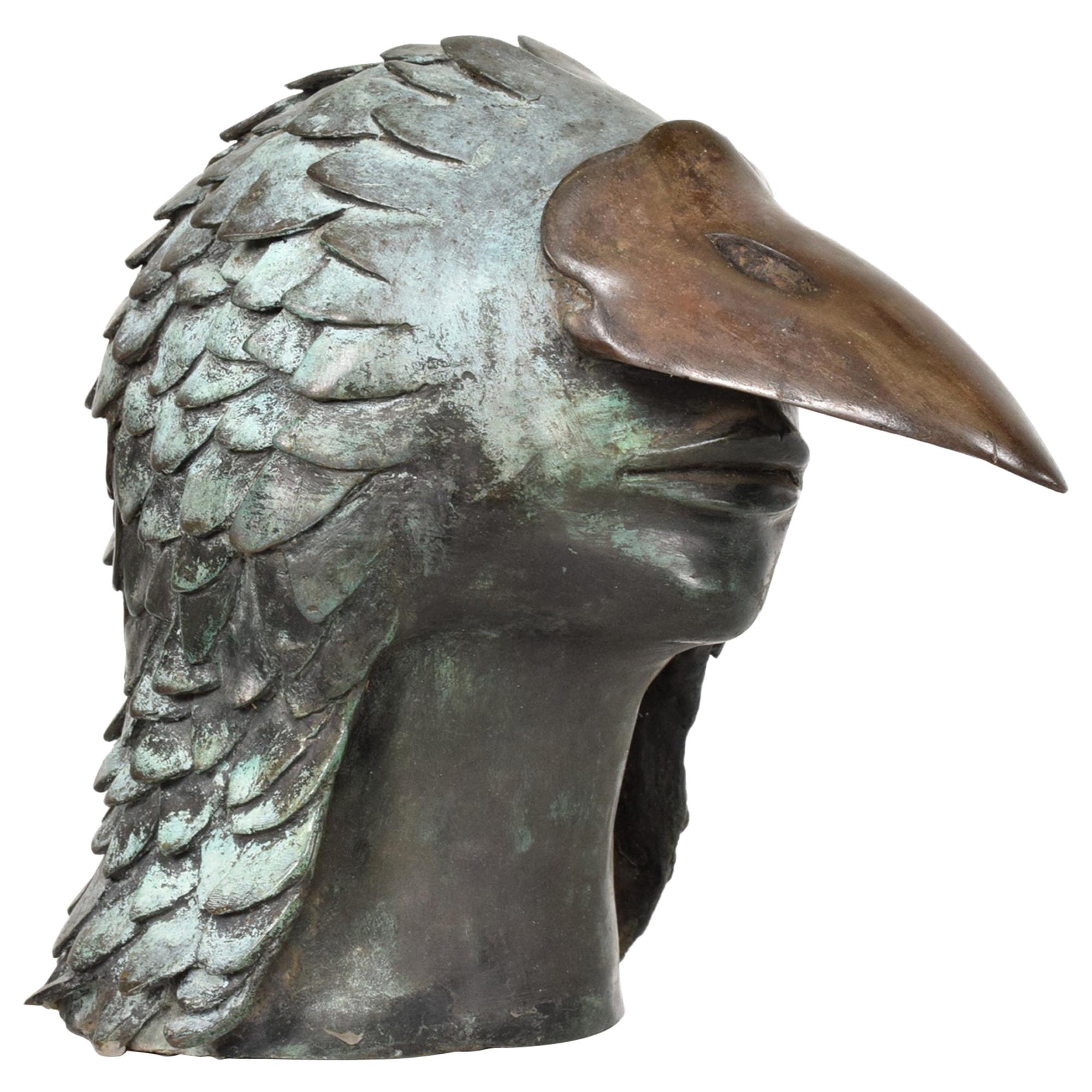 Bronze Bird Man Head Beak Art Sculpture Signed ARIESA Mexico 1960s Brutalism