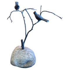 Bronze Birds on Branch Sculpture with Natural Stone Base