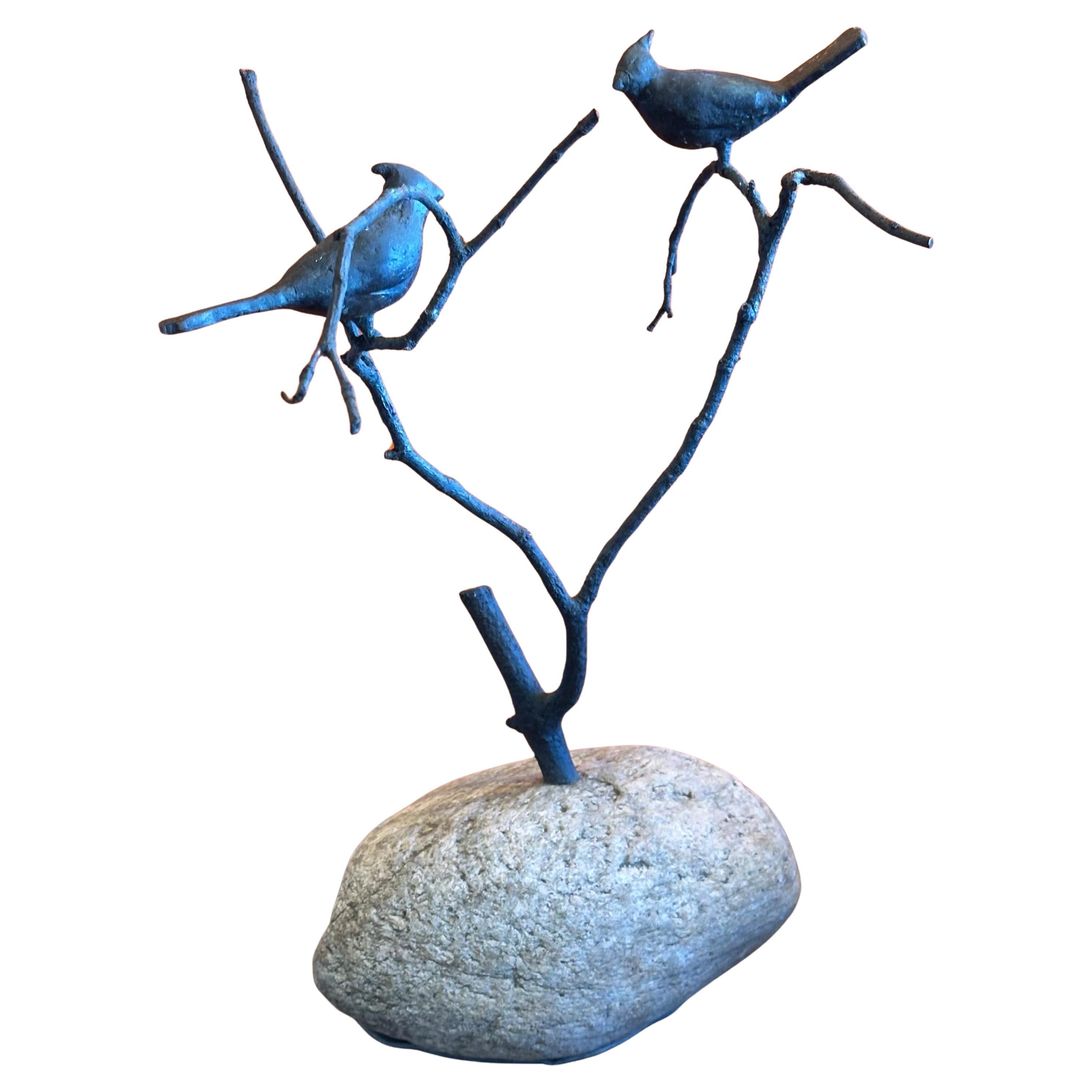 Bronze Birds on Branch Sculpture with Natural Stone Base