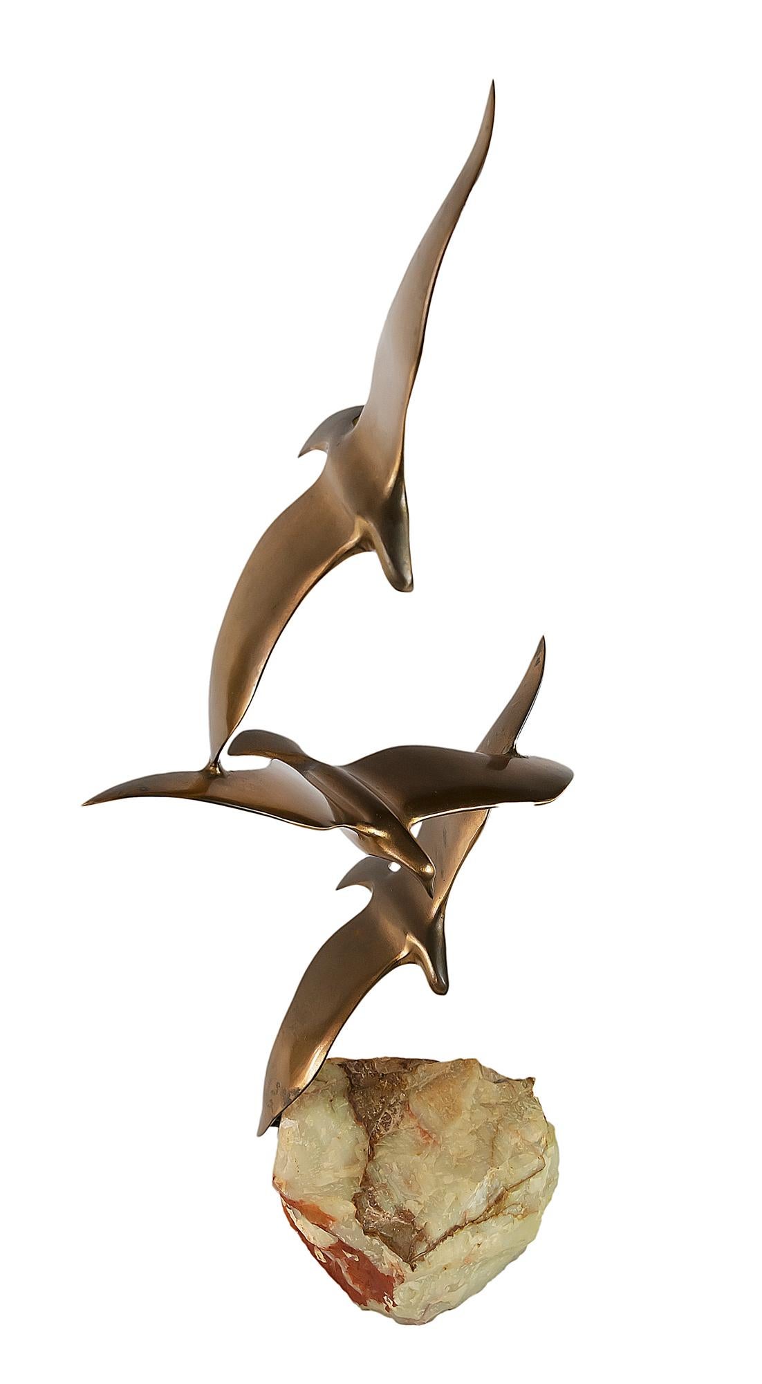 Mid-Century Modern Bronze Birds Sculpture on Onyx Base by Curtis Jere