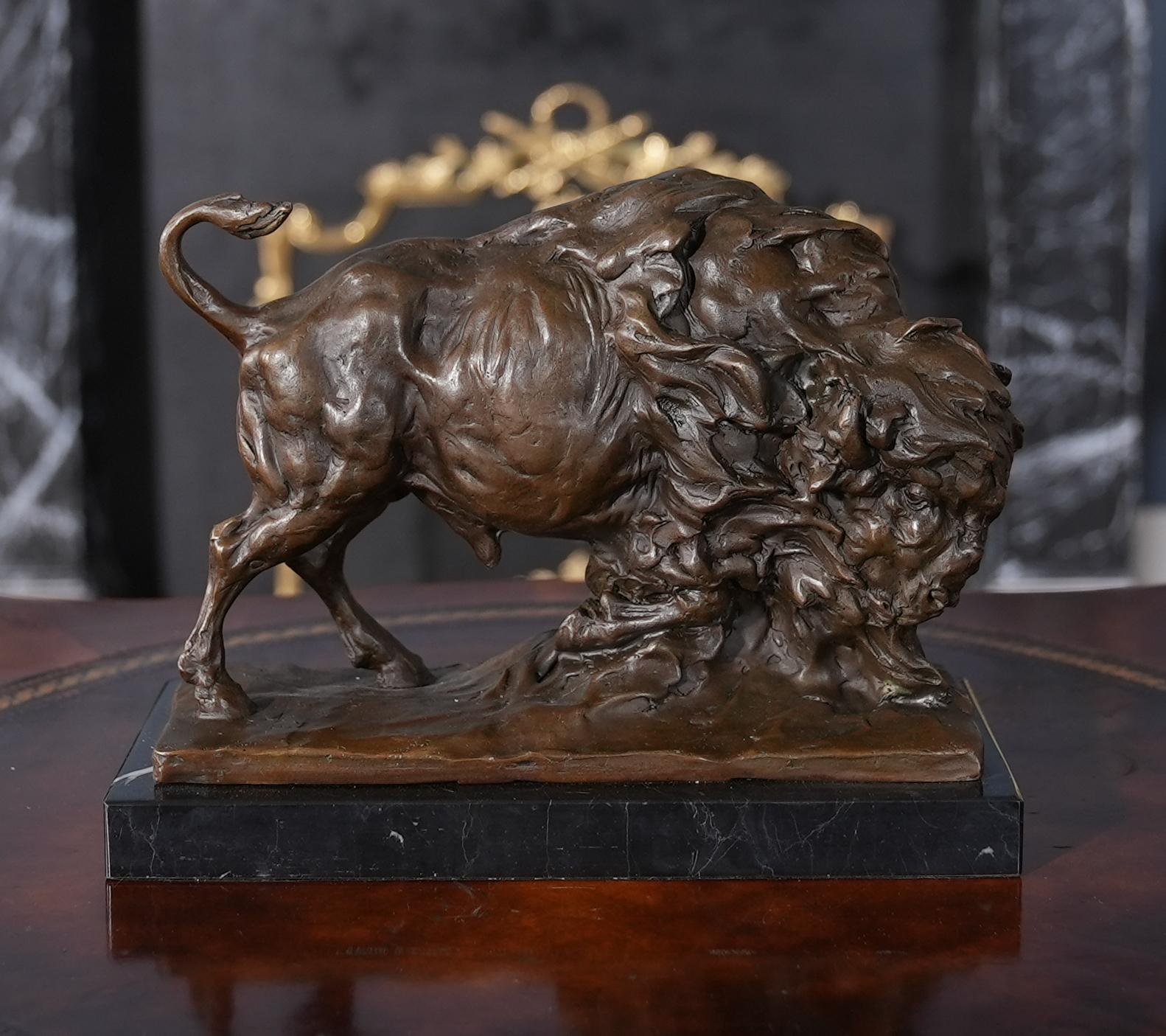 Graceful even when standing still the Bronze Bison with Marble Base is a striking addition to any setting. Using traditional lost wax casting methods the Bronze Bison statue is created in pieces and then joined together with brazing and hand chaised