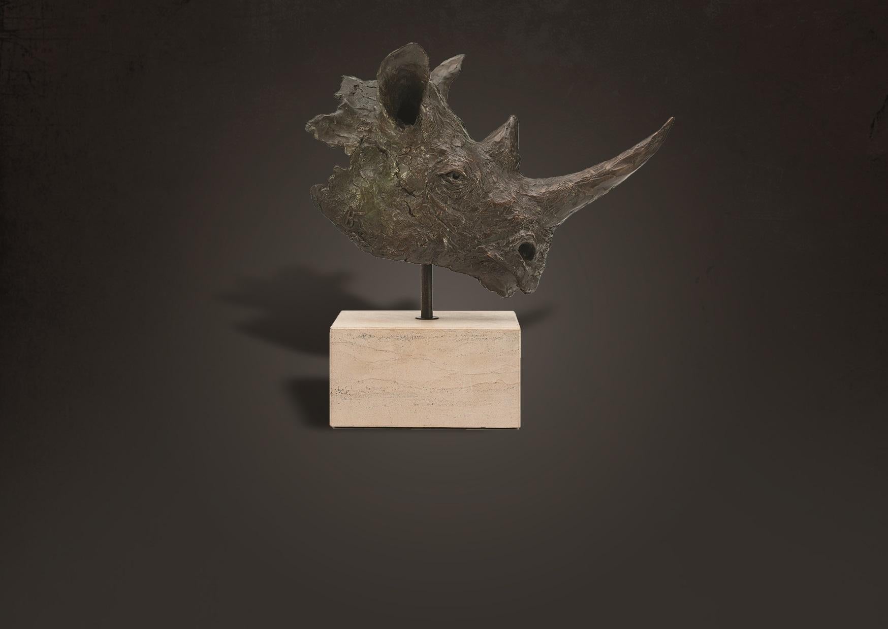 Expressionist Bronze Black Rhino Bust Sculpture For Sale