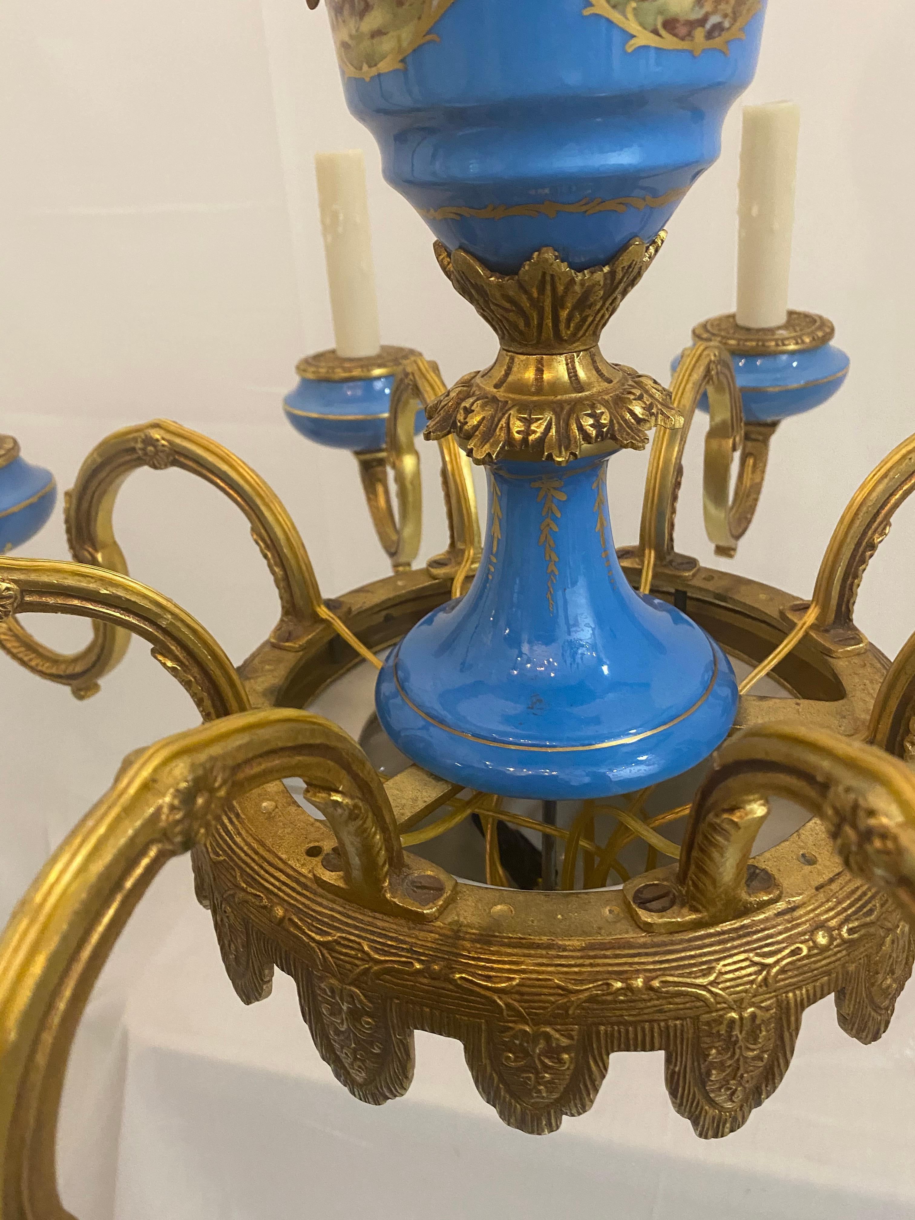 Hand-Crafted Bronze Blue Opaline Chandelier For Sale