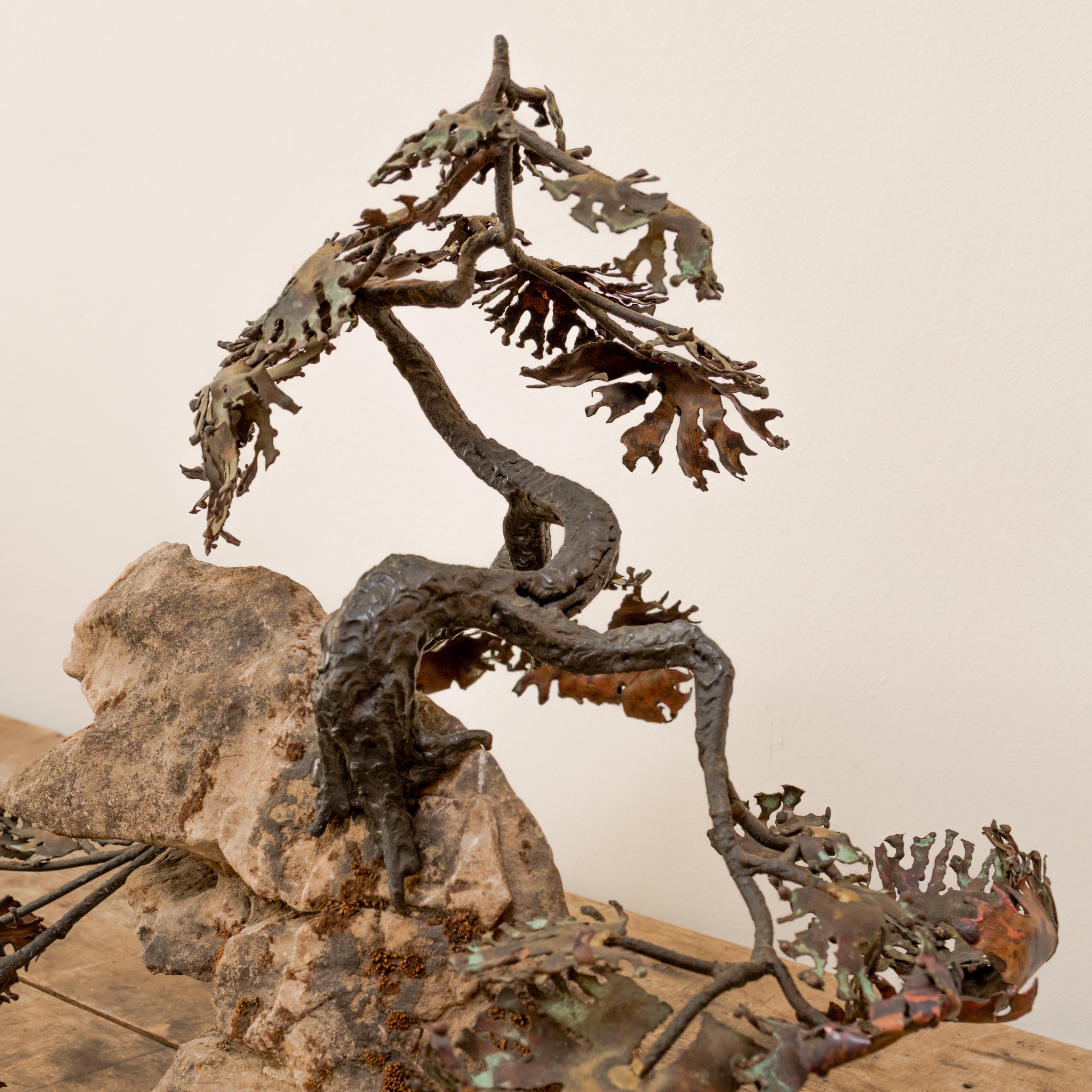 Mid-20th Century Bronze Bonsai + Stone Mounted Sculpture For Sale
