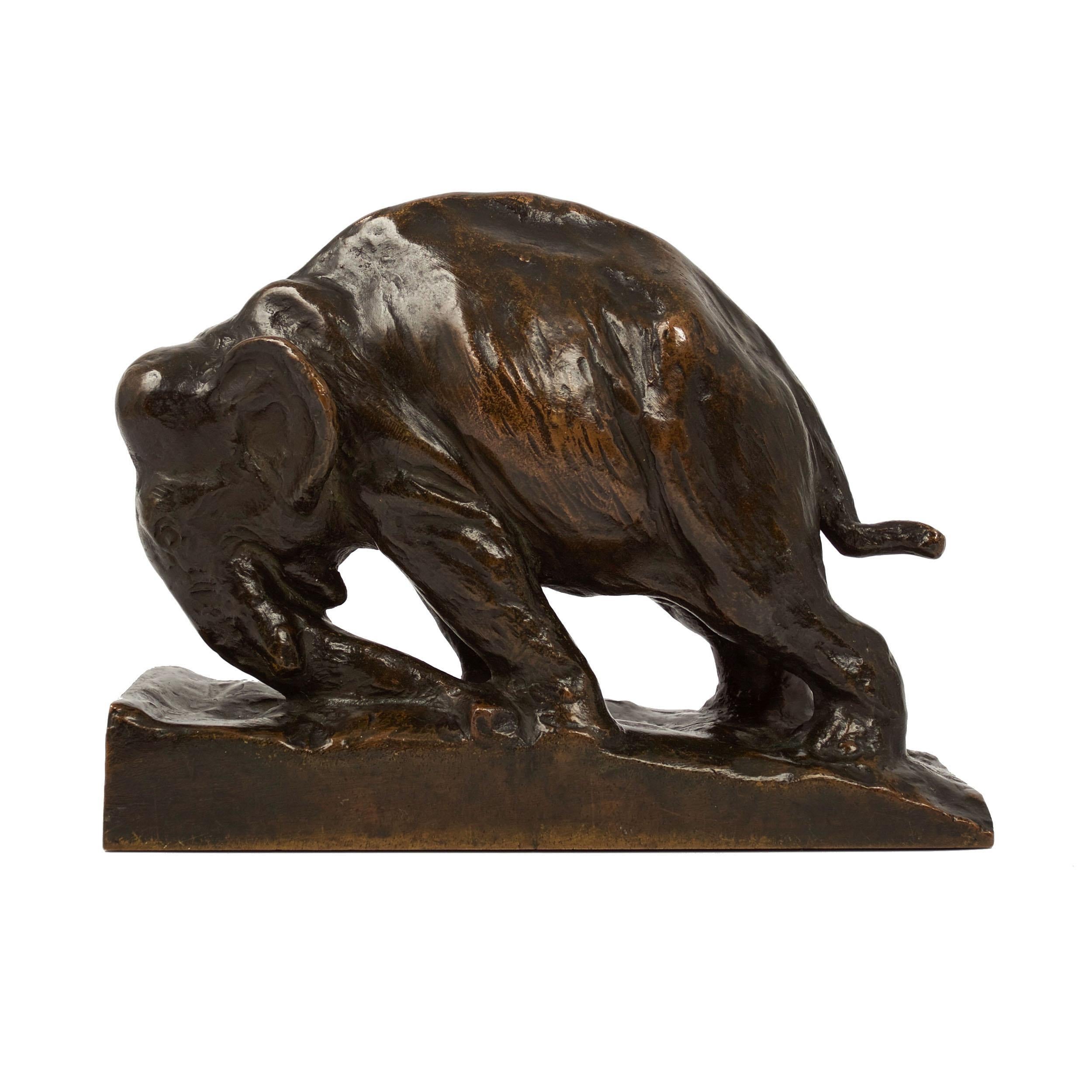 A model that Mahonri Young contracted to both the Griffoul foundry in Newark and the Gorham Co. foundry in New York, the Pushing Elephant bookends were one of his most sought-after works. The present sculpture was executed by Gorham Co. using the