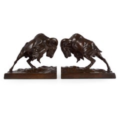 Bronze Bookend Sculptures "Charging Mountain Goats" by Anna Vaughn Hyatt Hunting
