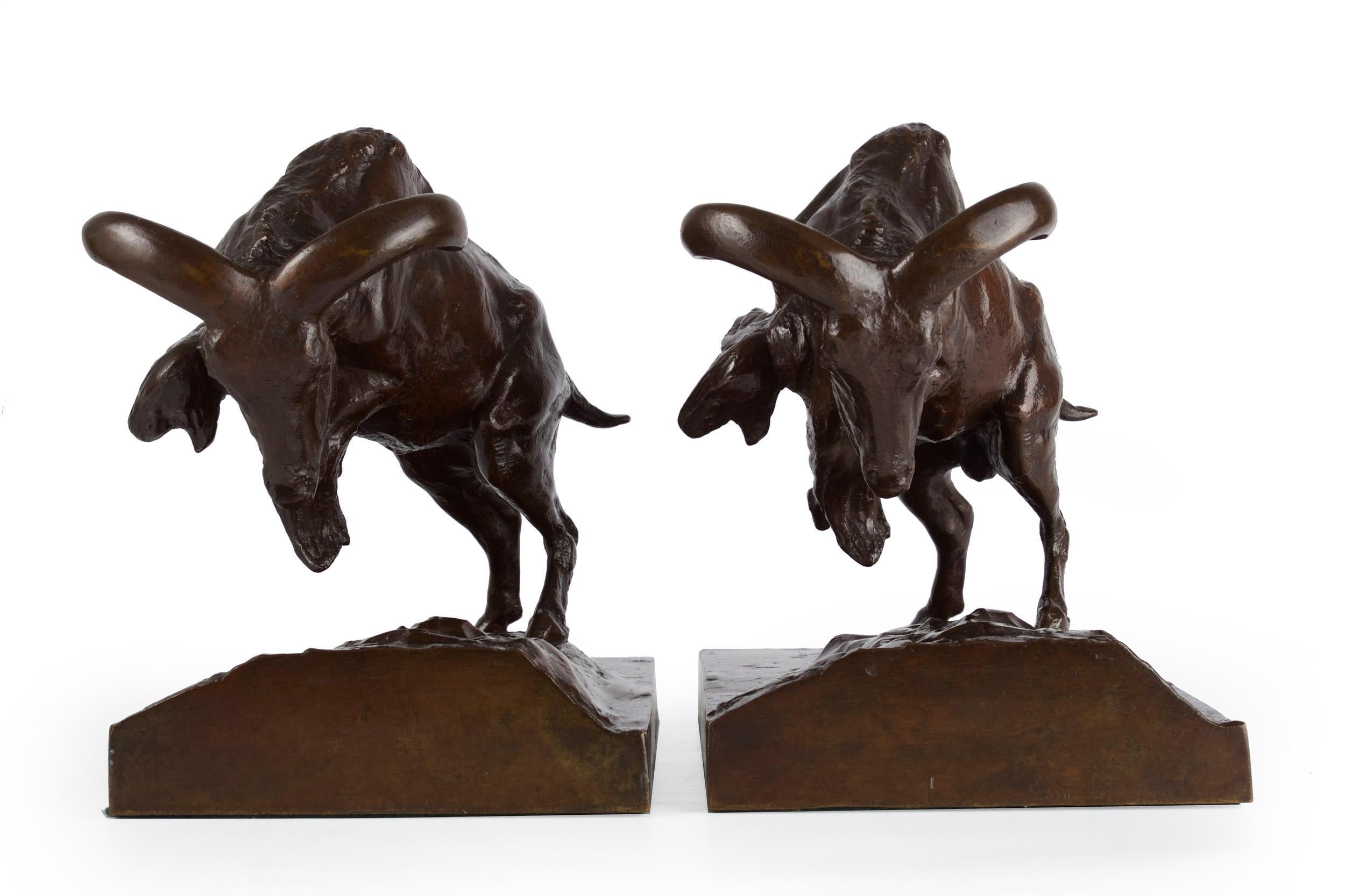 Bronze Bookend Sculptures "Charging Mountain Goats" by Anna Vaughn