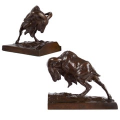 Bronze Bookend Sculptures "Charging Mountain Goats" by Anna Vaughn Hyatt Hunting