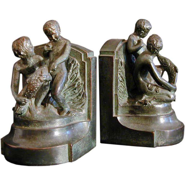 Bronze Bookends with Motif of Boys and Fish