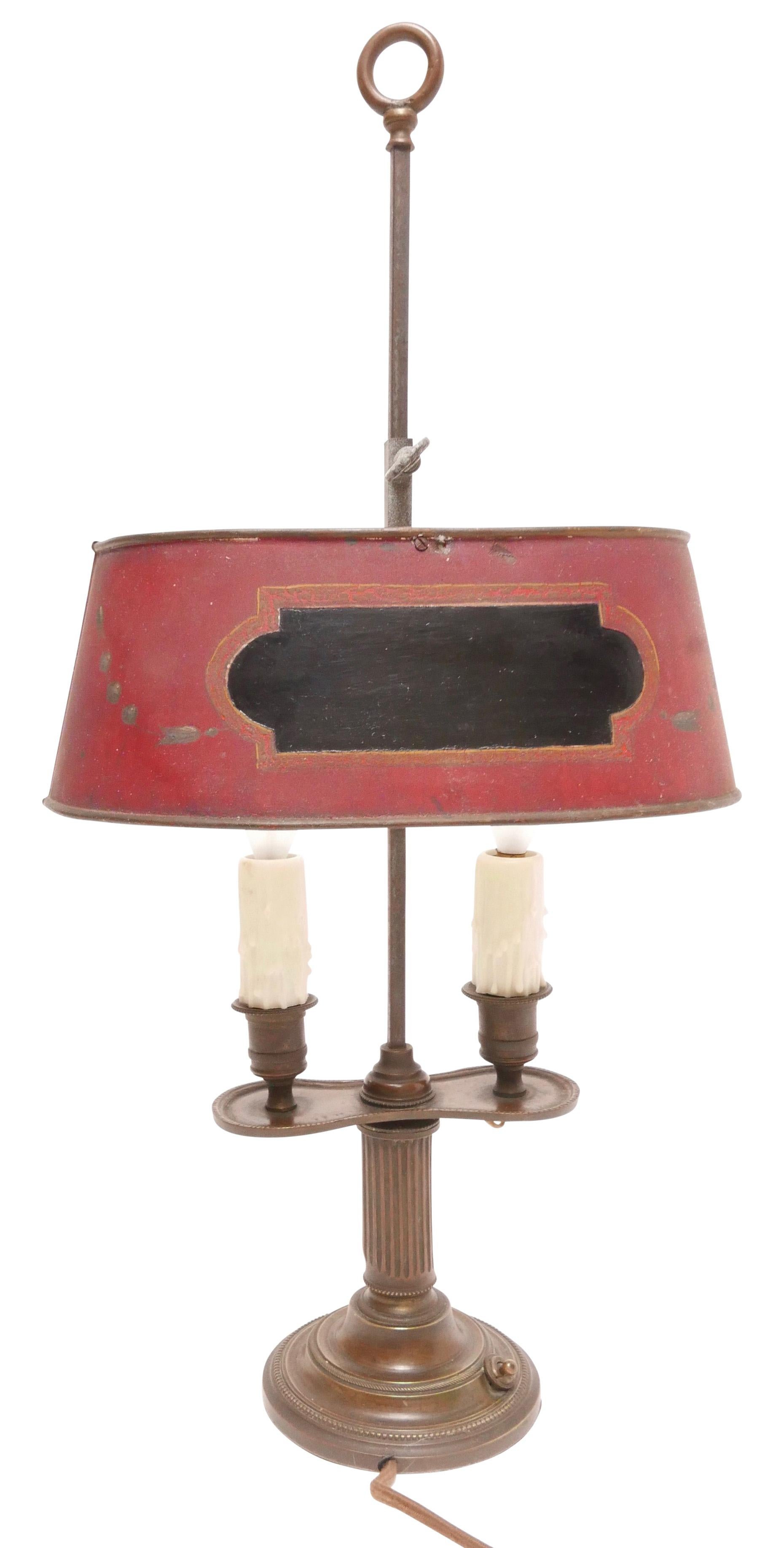 19th Century Bronze Bouillotte Lamp with Red Tole Shade, French, circa 1800 For Sale