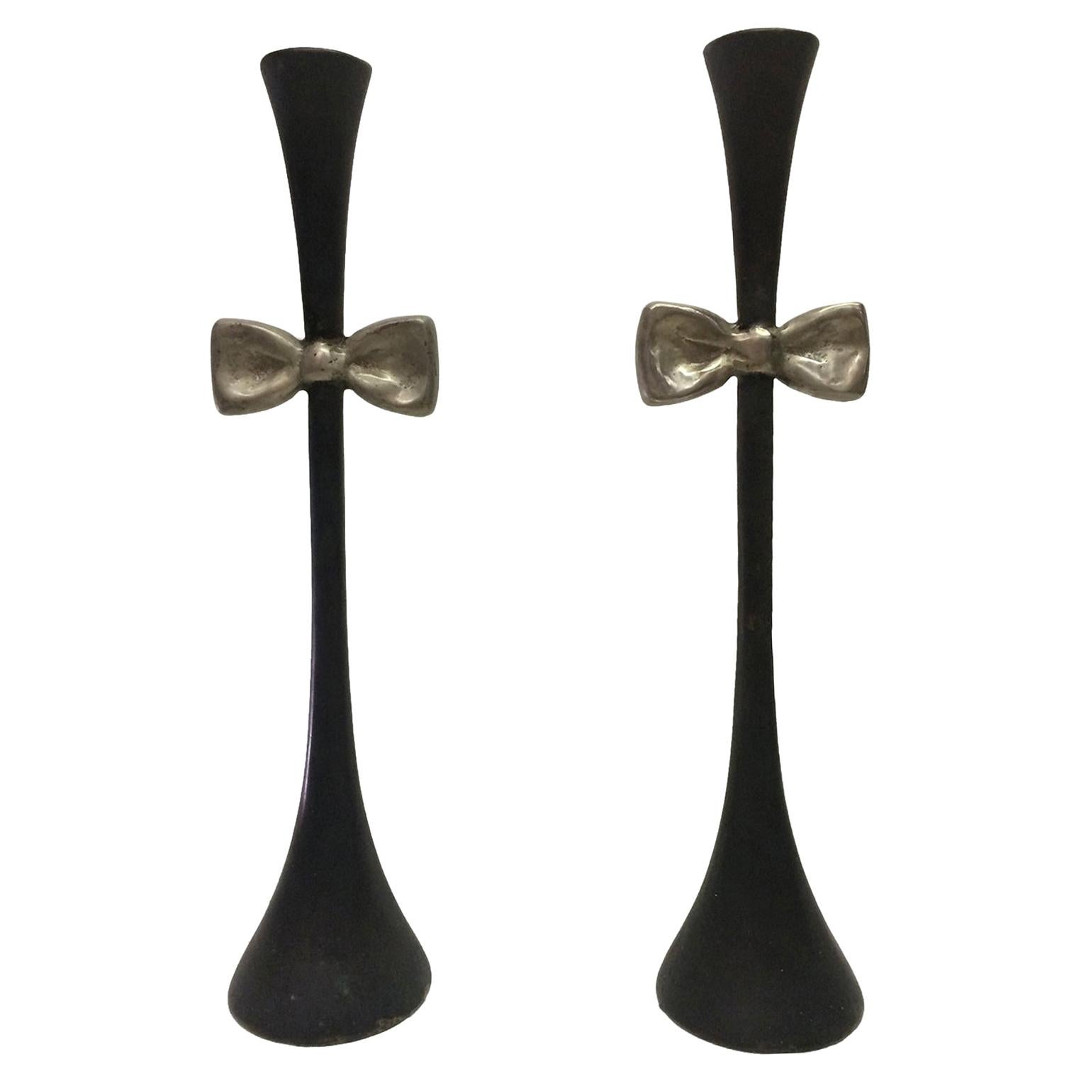 Bronze Bowtie Pair of Candlesticks by Carl Gillberg