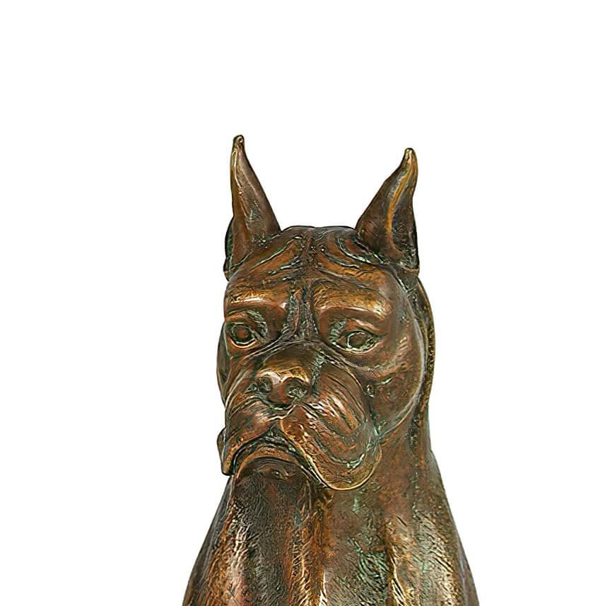 An English verdigris antiqued bronze copper tone boxer dog statue.

Dimensions: 6.25