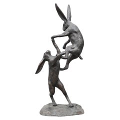 Vintage Bronze Boxing Hares Statue Garden Sculpture Rabbits