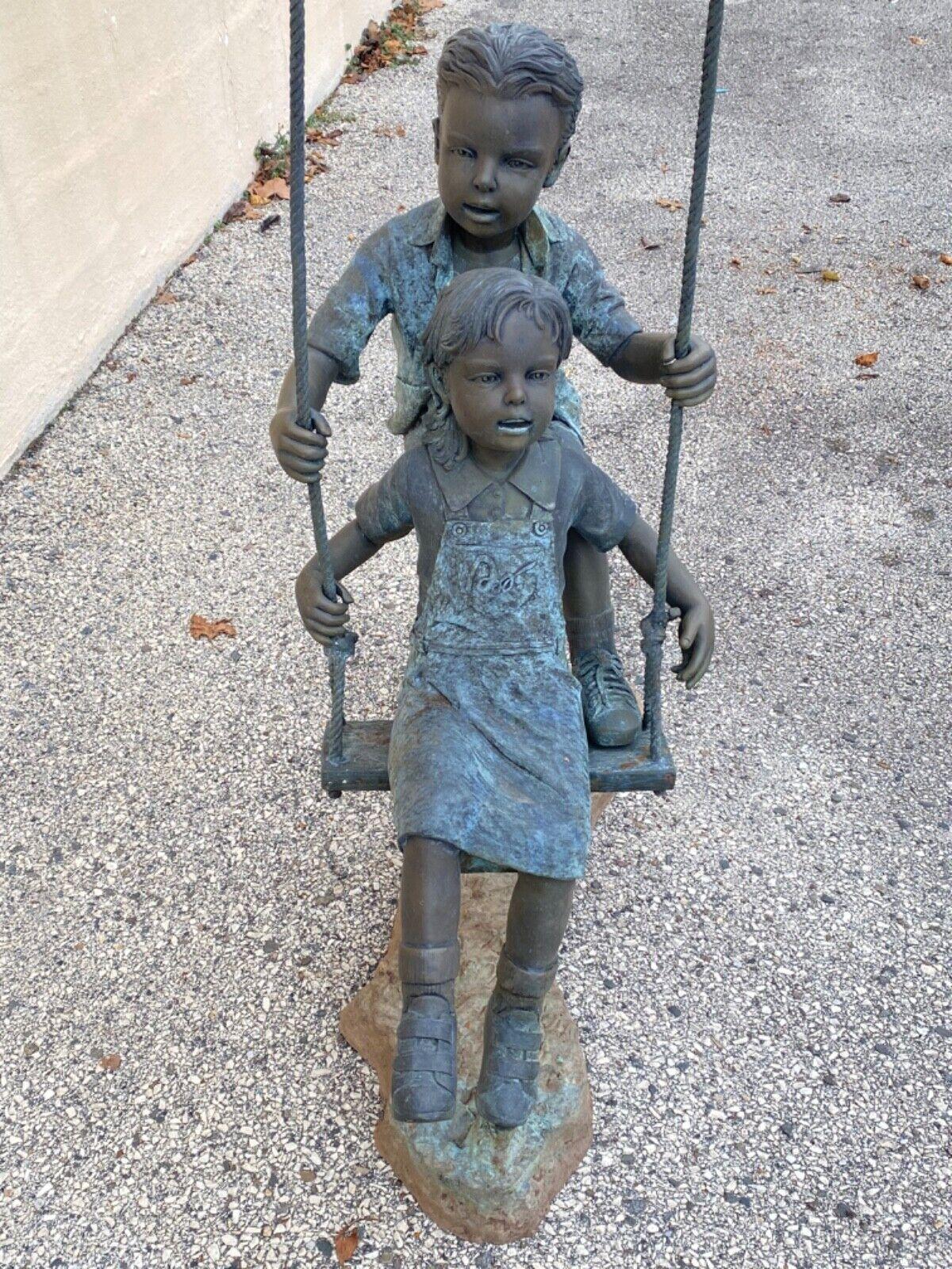 Victorian Bronze Boy and Girl Children Swinging Garden Outdoor Statue Sculpture For Sale