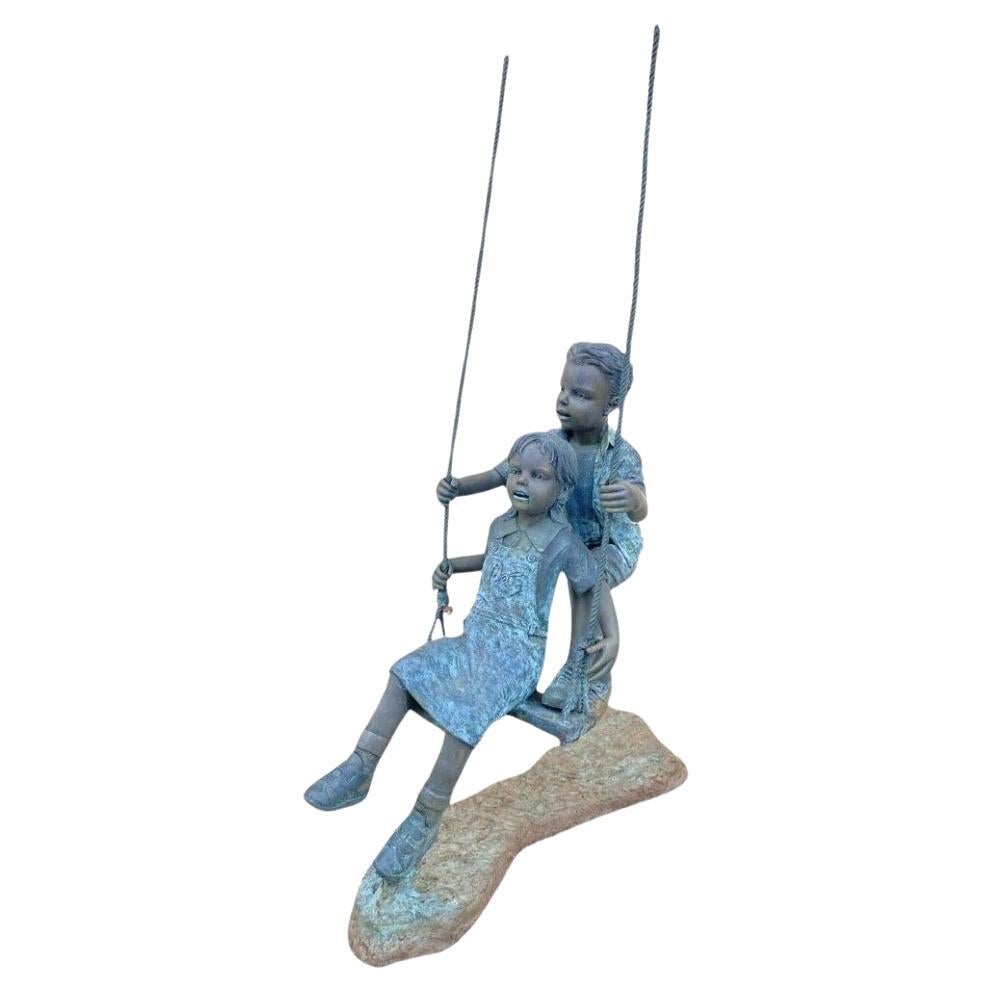 Bronze Boy and Girl Children Swinging Garden Outdoor Statue Sculpture