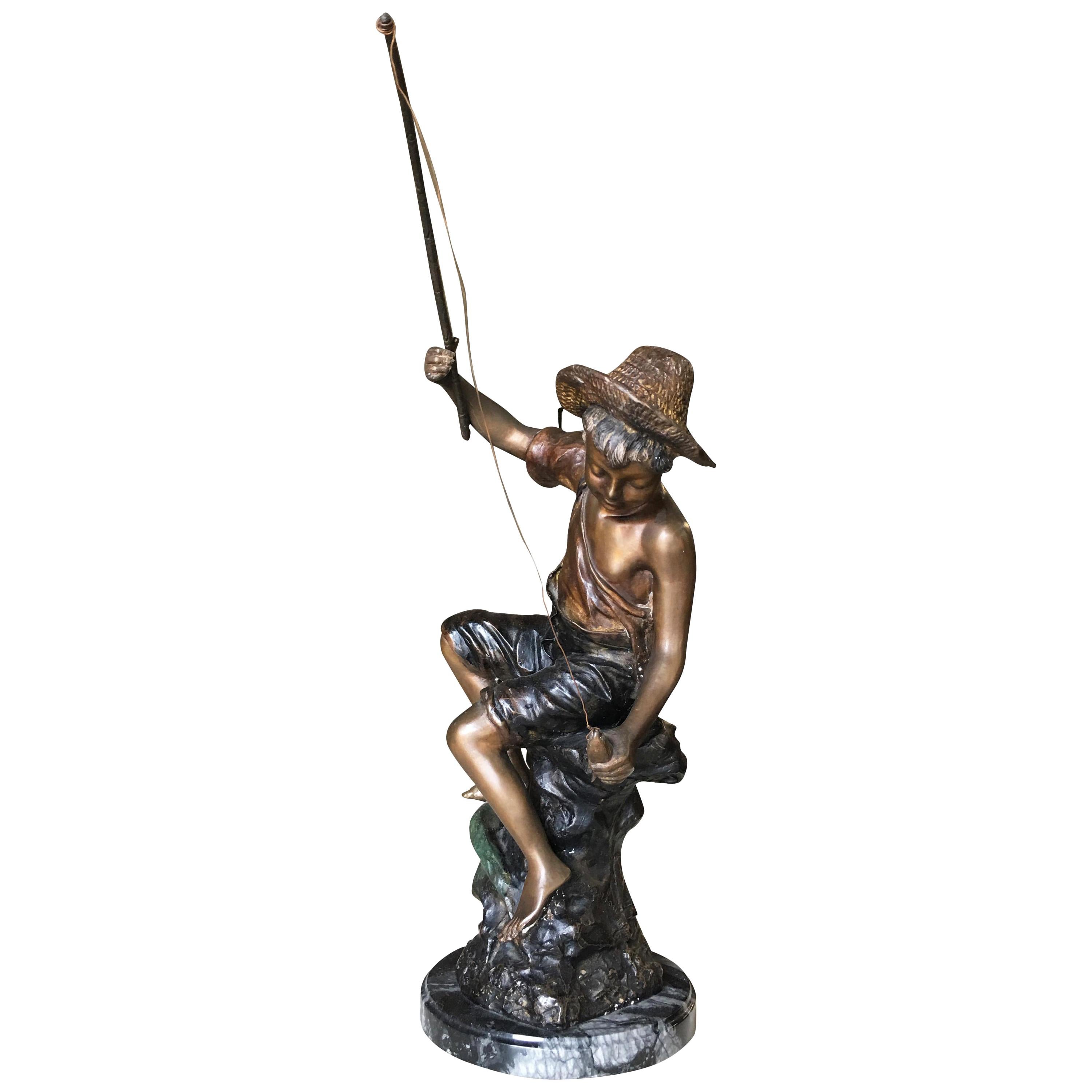 Bronze "Boy Fishing" Statue by Goldscheider at 1stDibs | vintage fishing boy statue, bronze fishing statue, large boy fishing statue