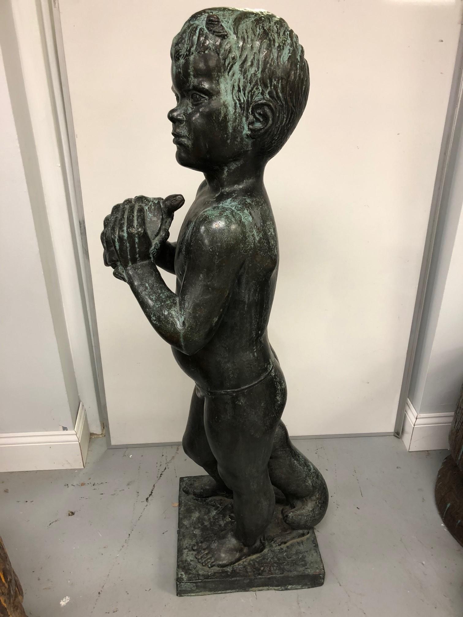 Bronze Boy Statue Holding a Turtle Signed by Edward Fenno Hoffman, III 1954 For Sale 2