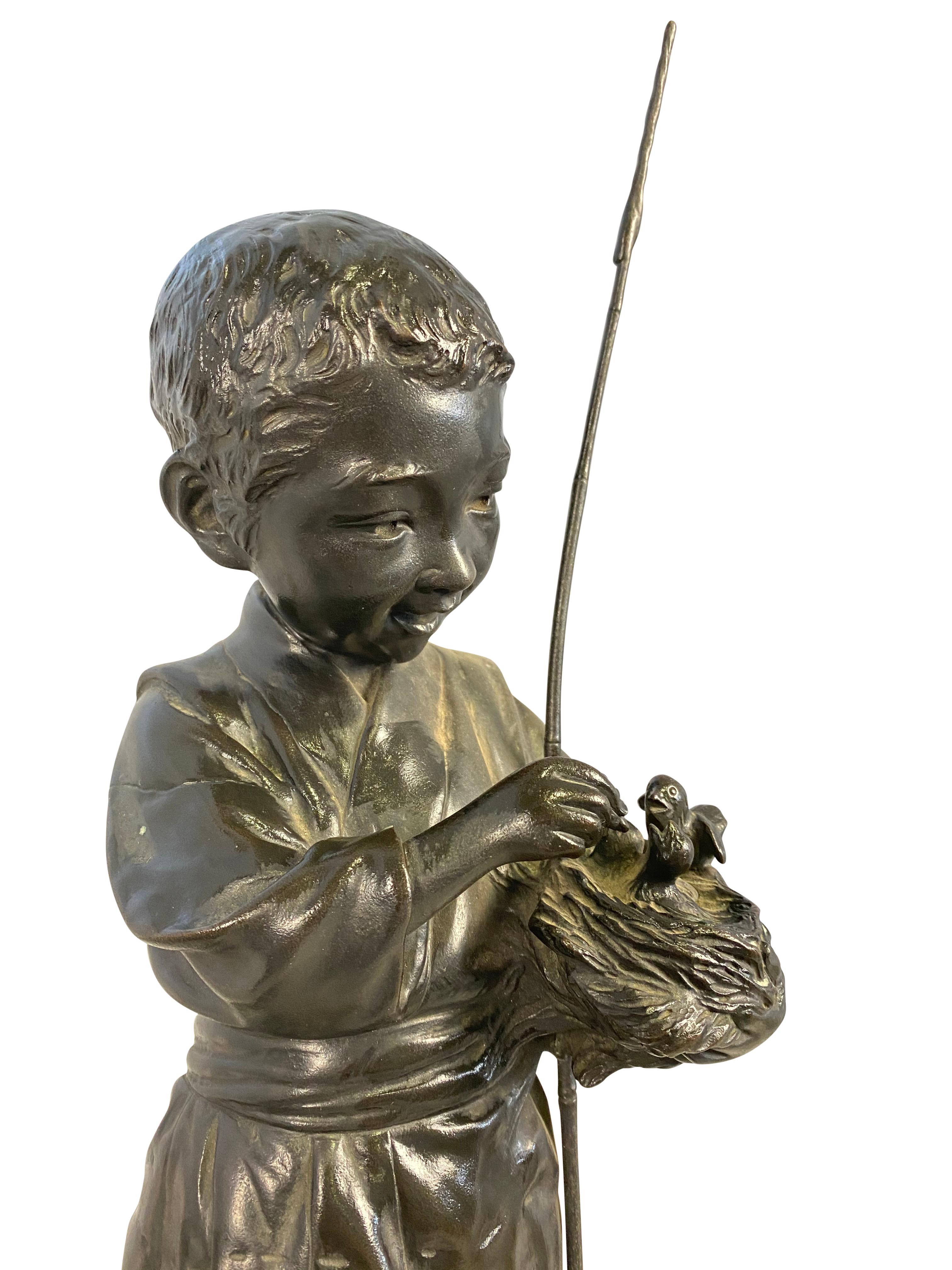 Bronze Boy Holding Bird Nest Statue, 20th Century For Sale 1