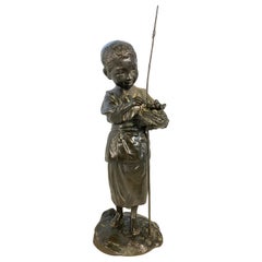 Bronze Boy Holding Bird Nest Statue, 20th Century