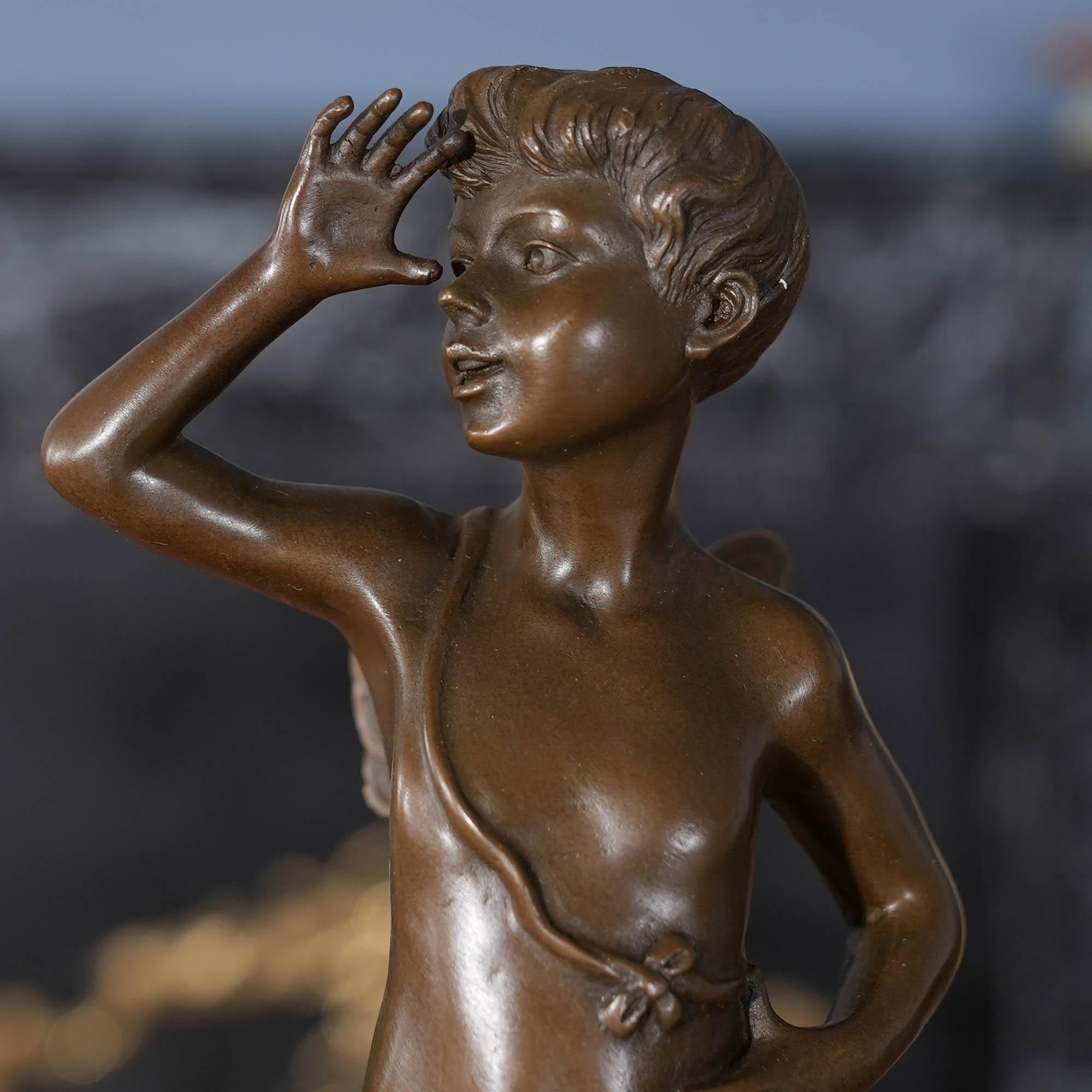 Hand-Crafted Bronze Boy Thumbing Nose on Marble Base For Sale