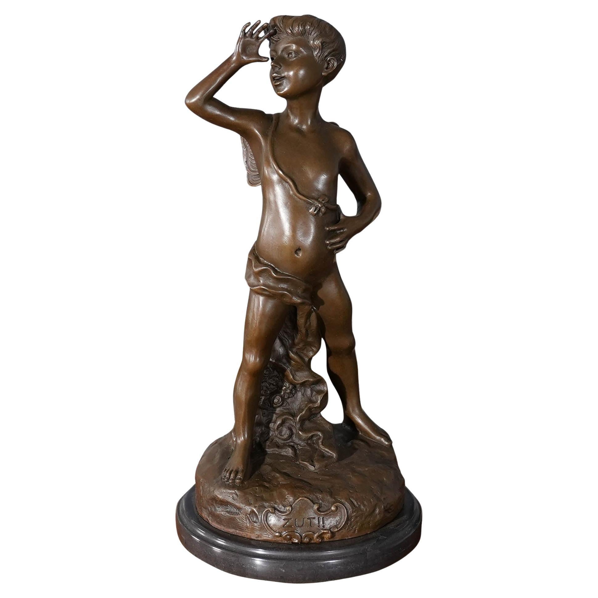 Bronze Boy Thumbing Nose on Marble Base For Sale