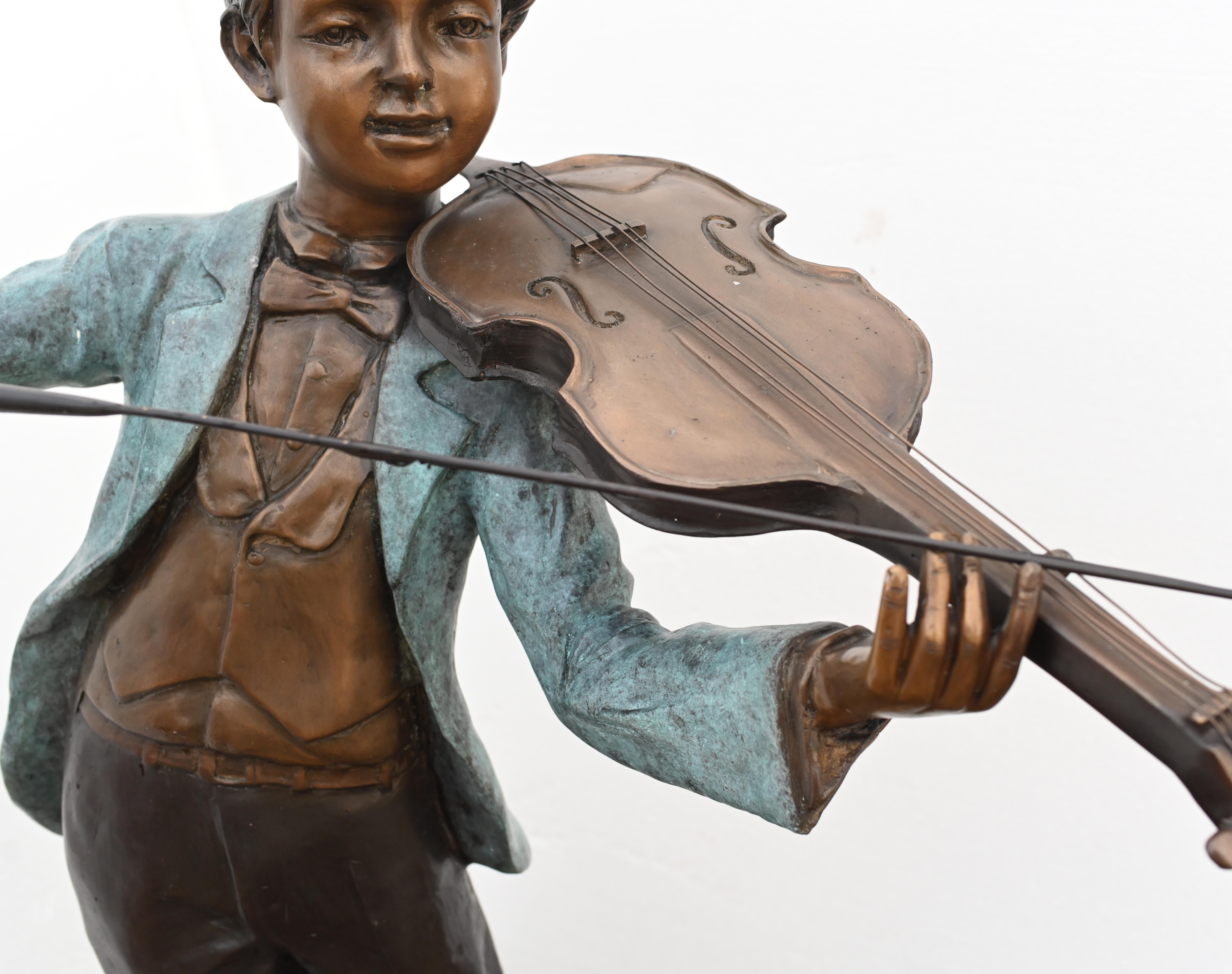 Late 20th Century Bronze Boy Violin Player Amadeus Mozart Statue For Sale