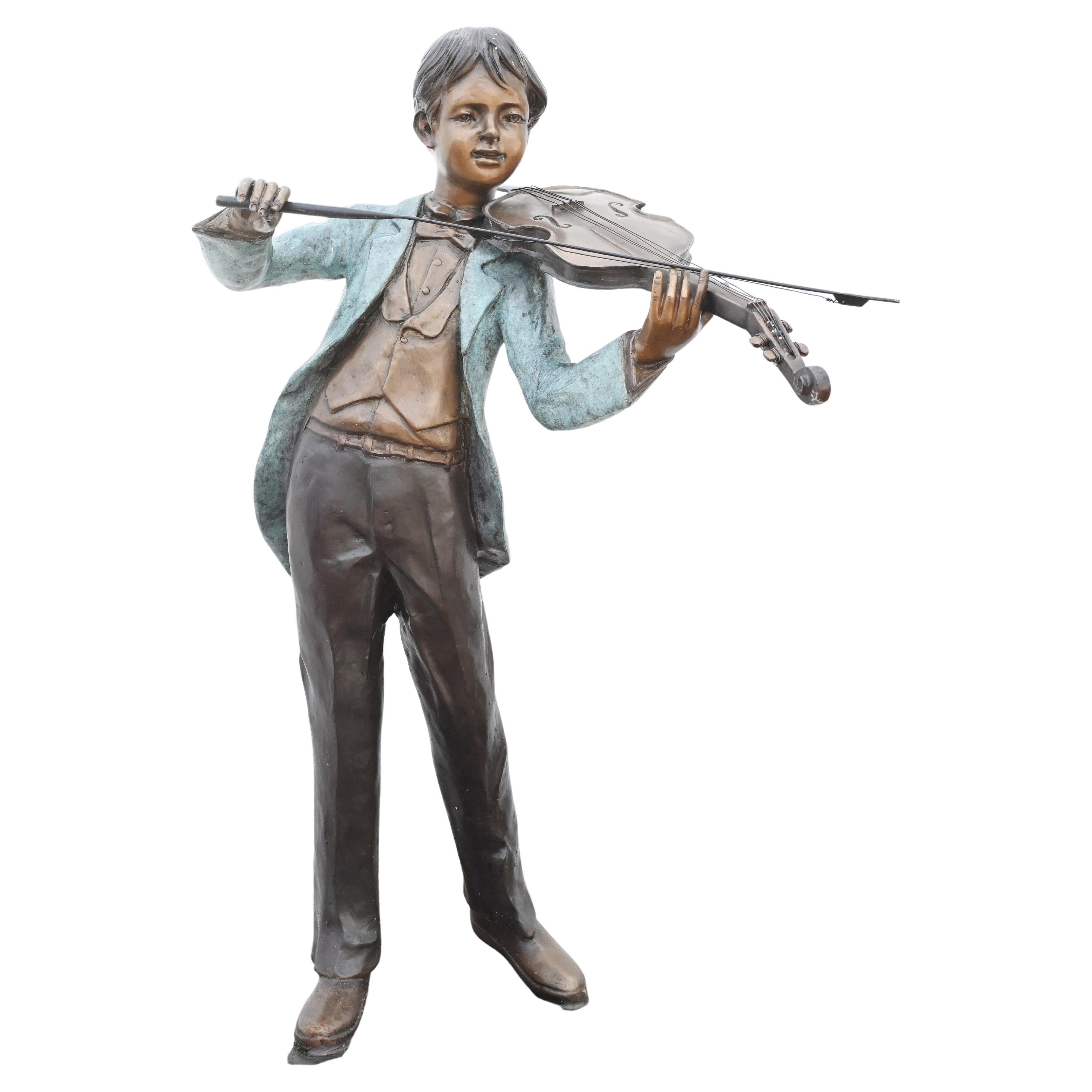 Bronze Boy Violin Player Amadeus Mozart Statue For Sale