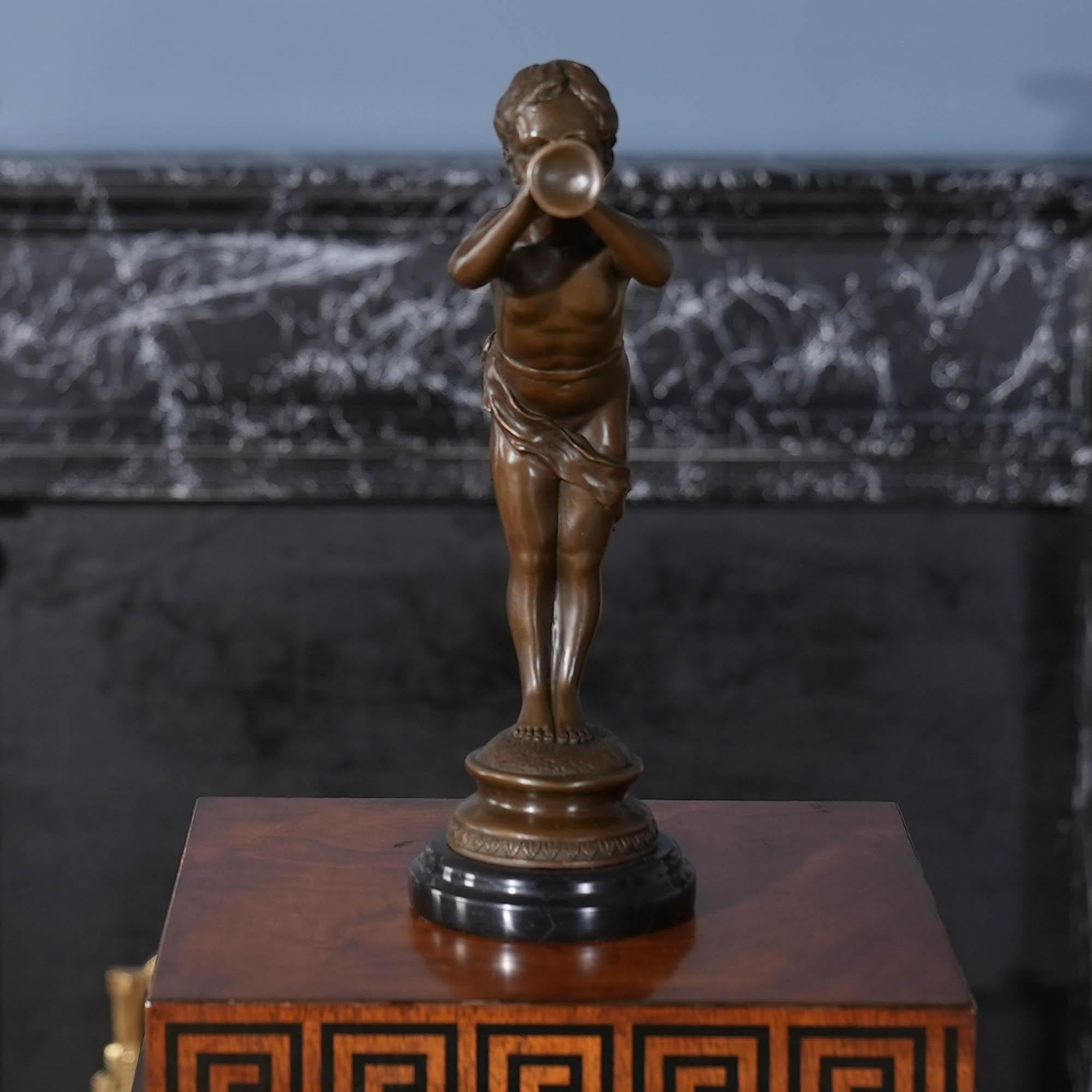 Graceful even when standing still the Bronze Boy with Bugle is a striking addition to any setting. Using traditional lost wax casting methods the Bronze Boy statue has hand chaised details added to give a high level of detail to the figure. The