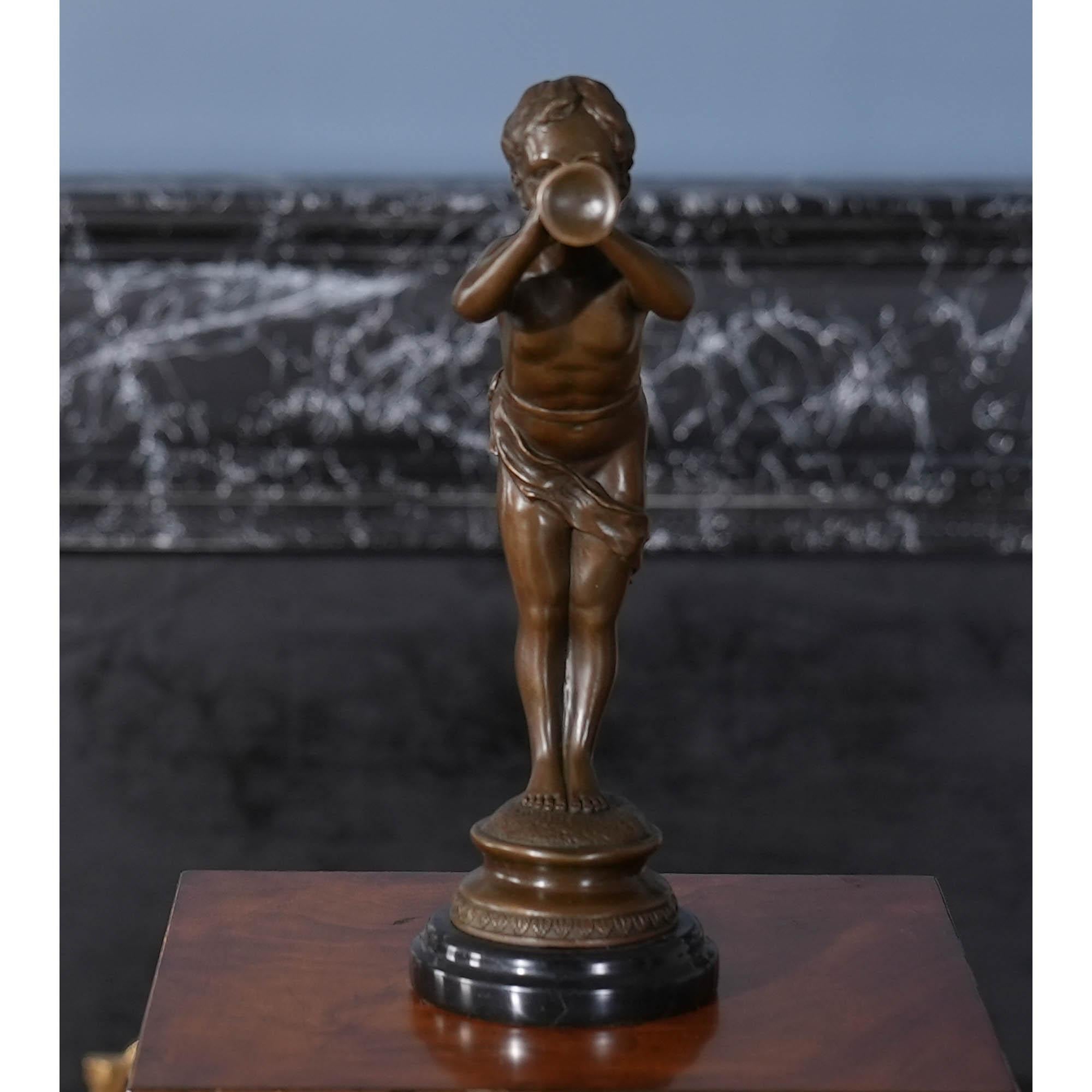 Hand-Crafted Bronze Boy with Bugle on Marble Base For Sale