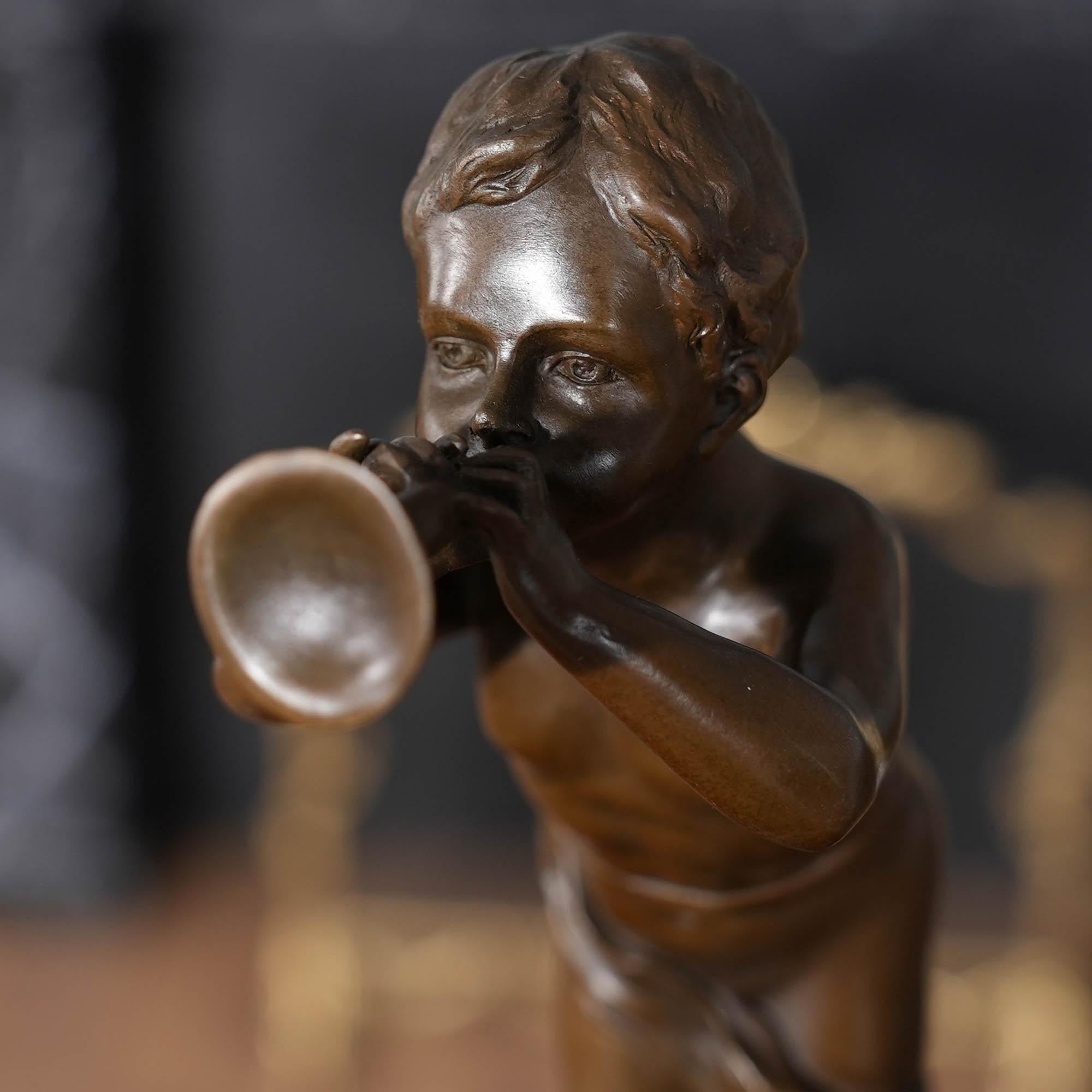 Bronze Boy with Bugle on Marble Base In New Condition For Sale In Annville, PA