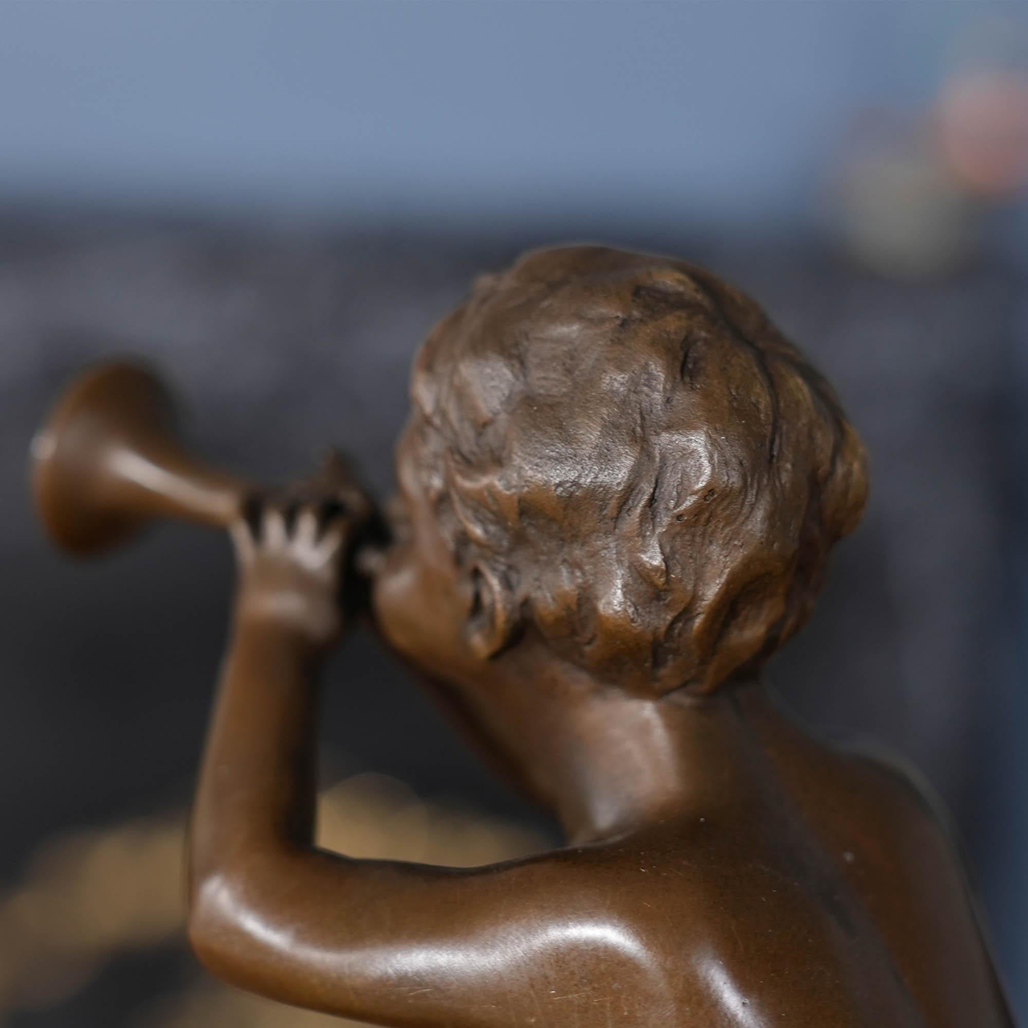 Bronze Boy with Bugle on Marble Base For Sale 3
