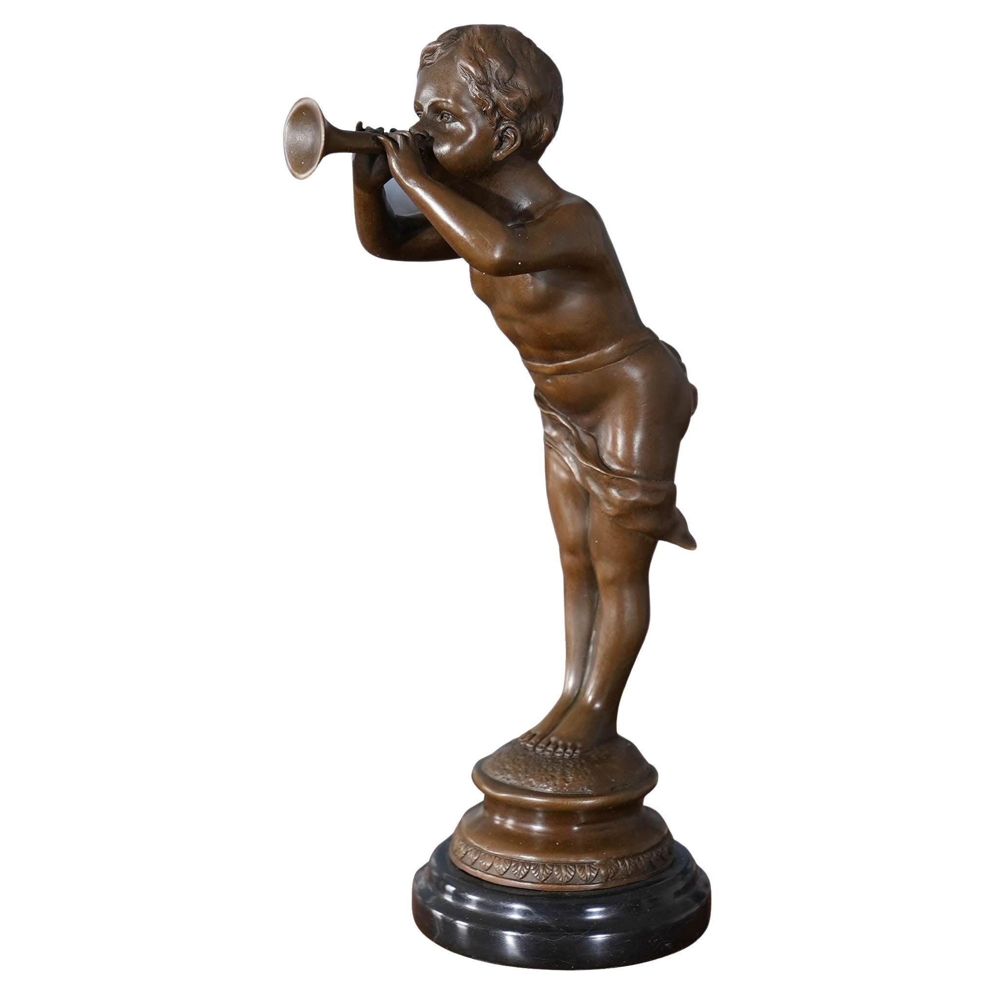 Bronze Boy with Bugle on Marble Base For Sale