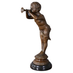 Bronze Boy with Bugle on Marble Base