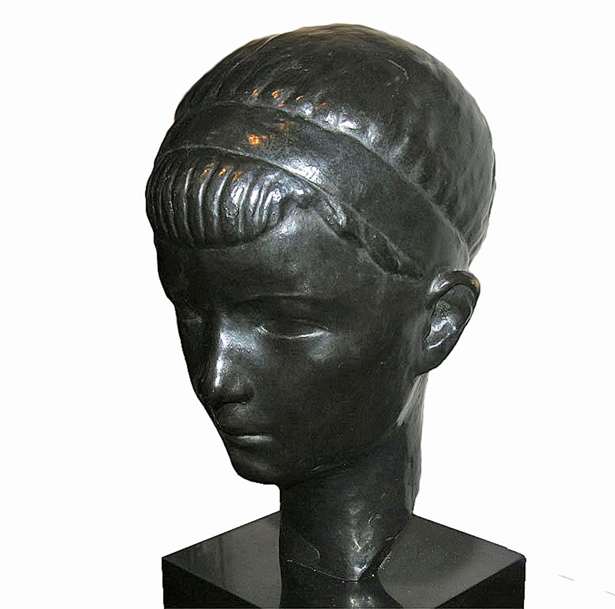 Carved Bronze Boy's Head Sculpture on Pedestal, Mid-20th Century For Sale