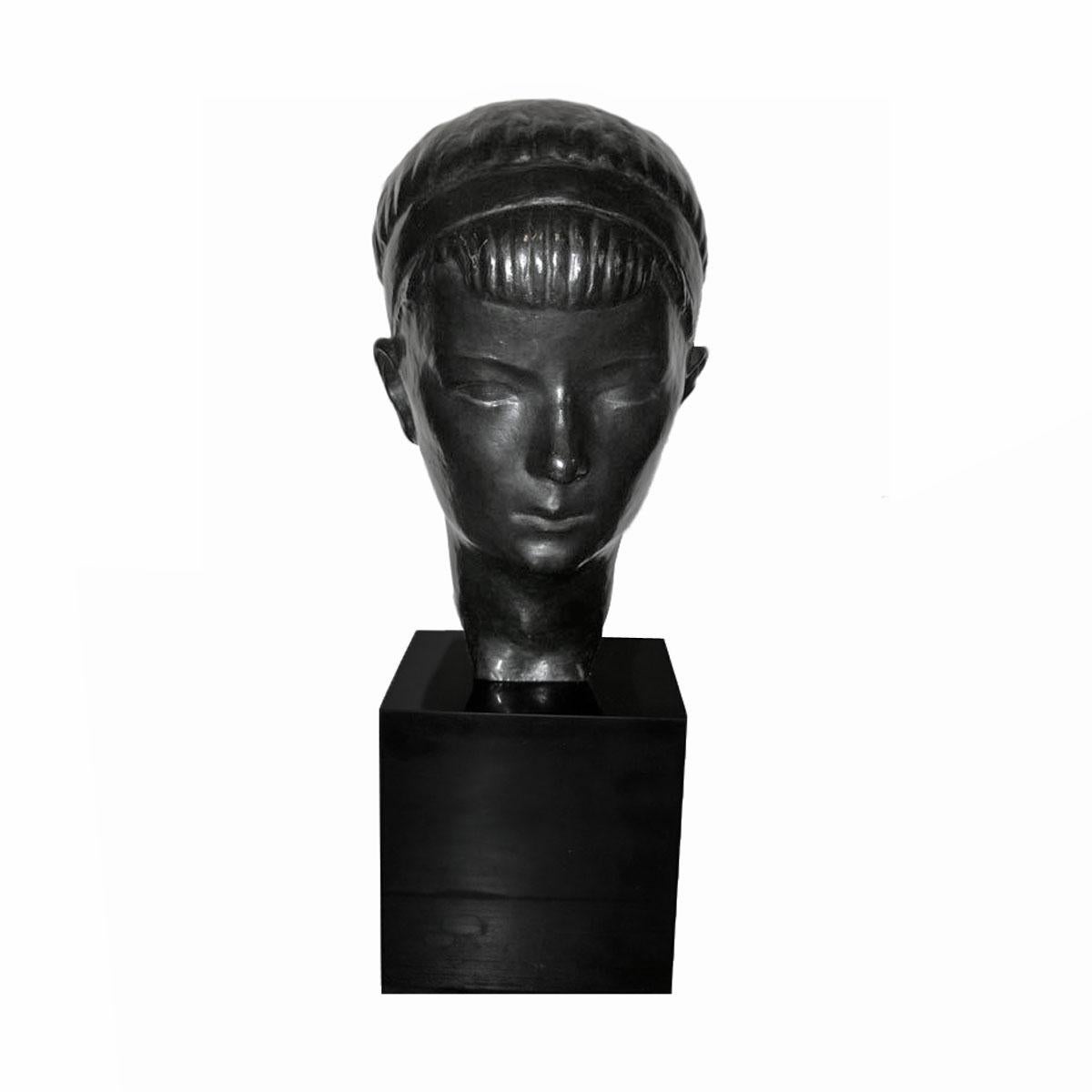 Art Deco Bronze Boy's Head Sculpture on Pedestal, Mid-20th Century For Sale