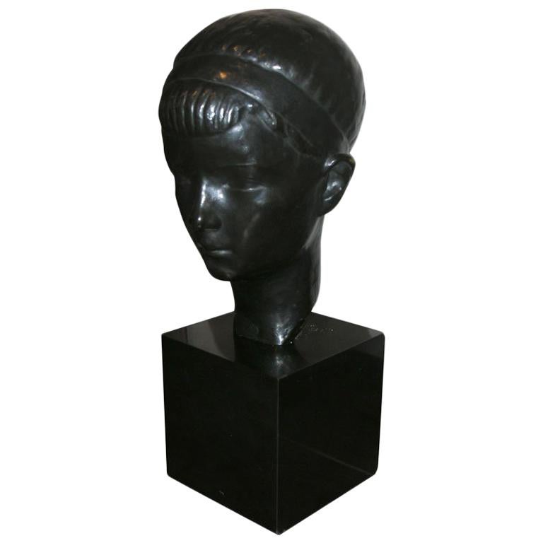 Bronze Boy's Head Sculpture on Pedestal, Mid-20th Century