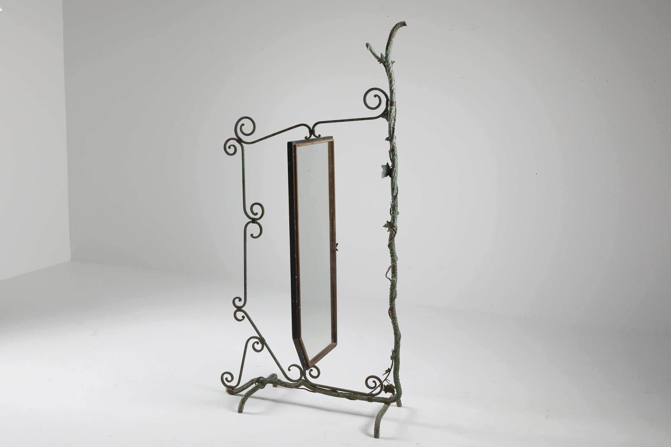 20th Century Bronze, Brass and Forged Steel Decorative Floor Mirror