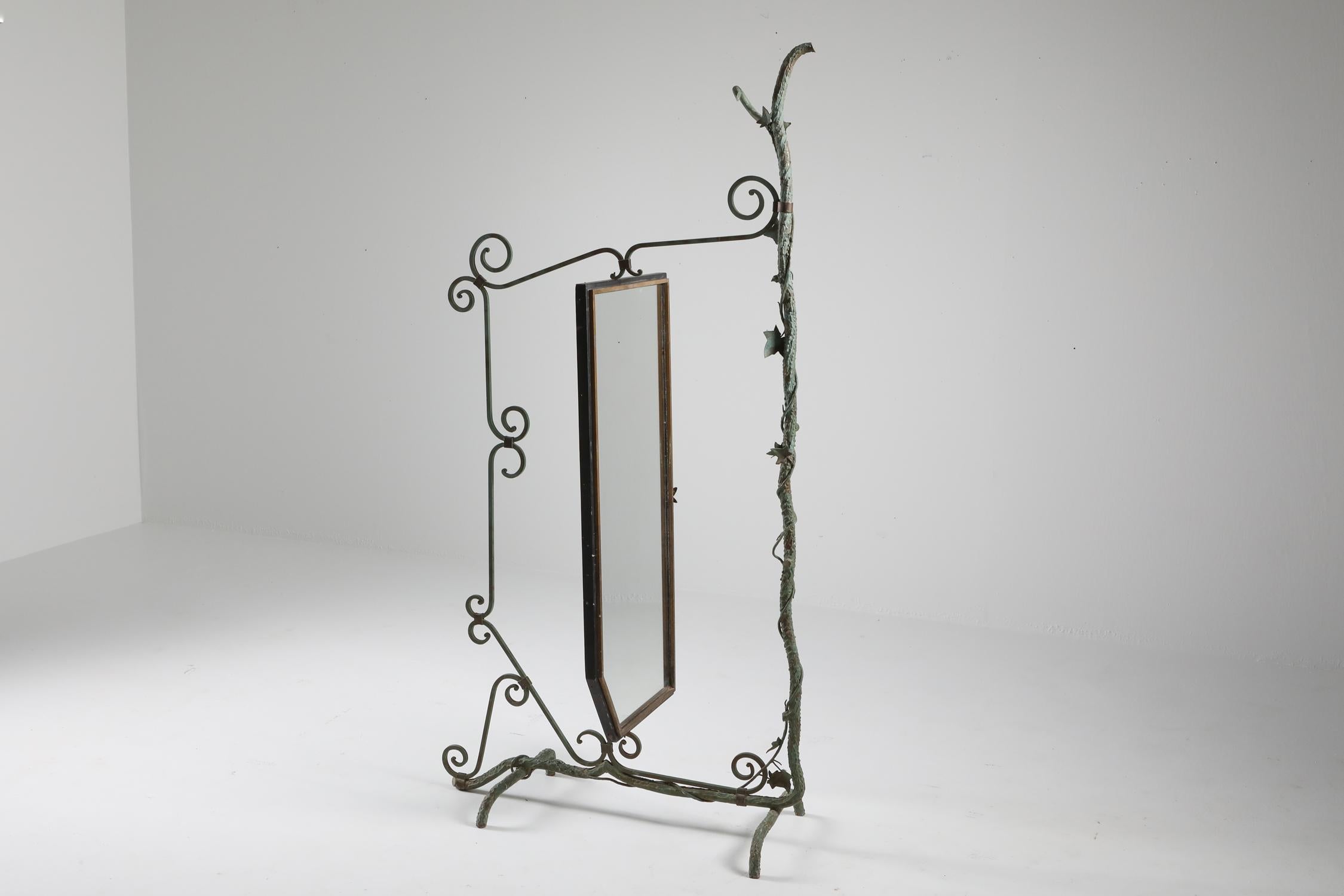 Bronze, Brass and Forged Steel Decorative Floor Mirror In Good Condition In Antwerp, BE