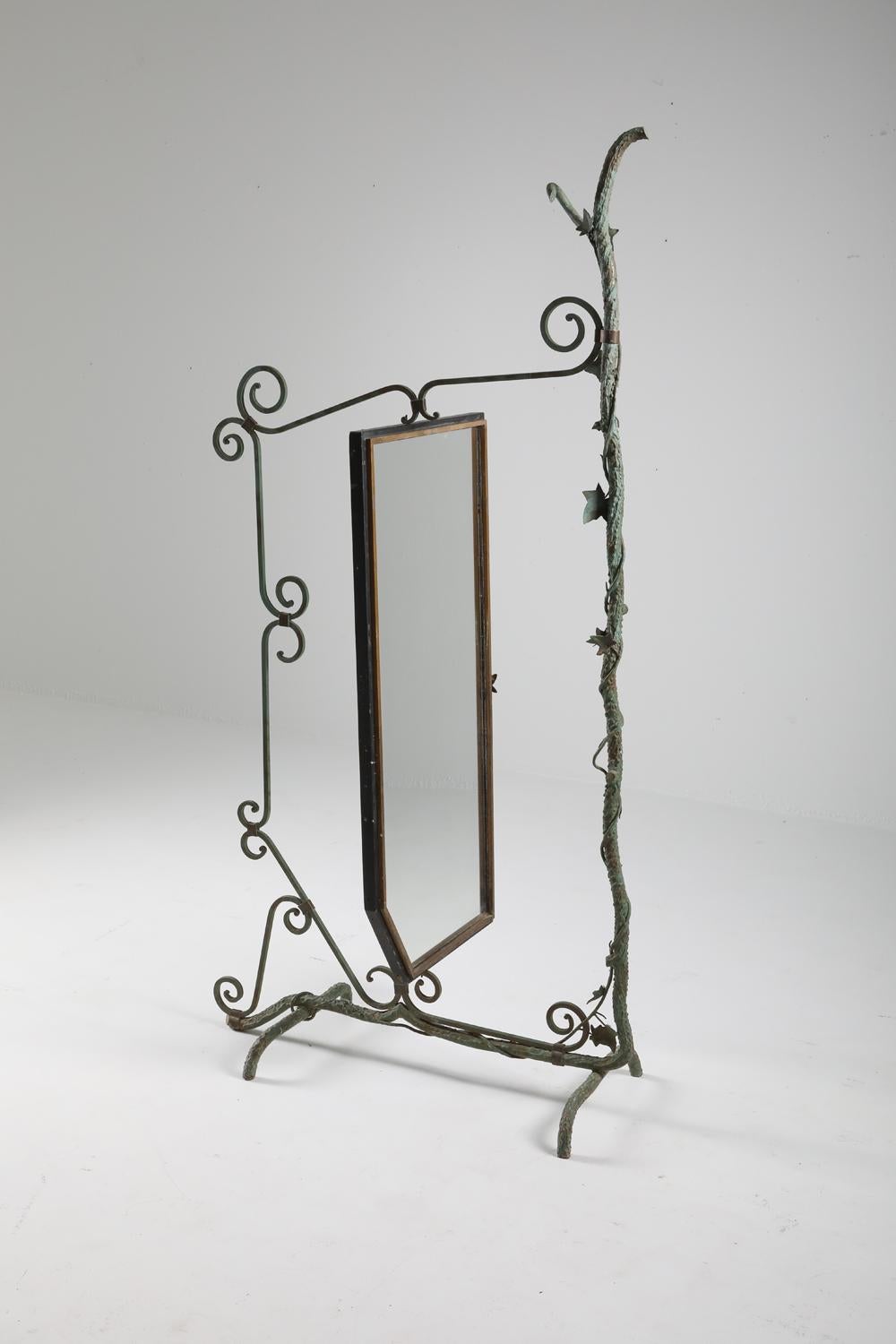 20th Century Bronze, Brass and Forged Steel Decorative Floor Mirror