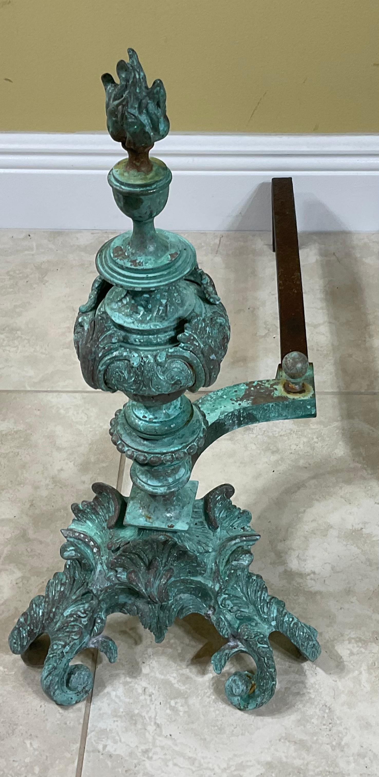 Bronze Brass Iron Rococo Style Fireplace Andirons In Good Condition For Sale In Delray Beach, FL
