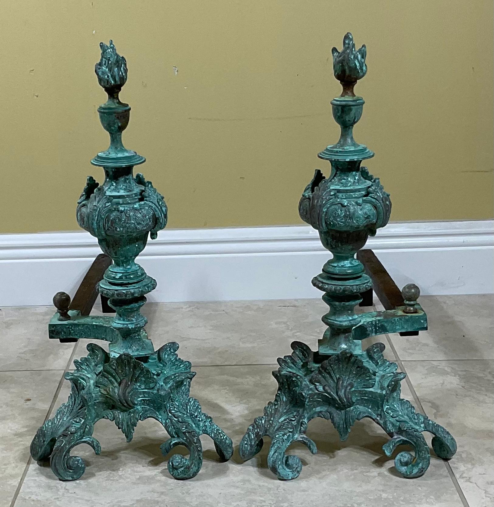20th Century Bronze Brass Iron Rococo Style Fireplace Andirons For Sale