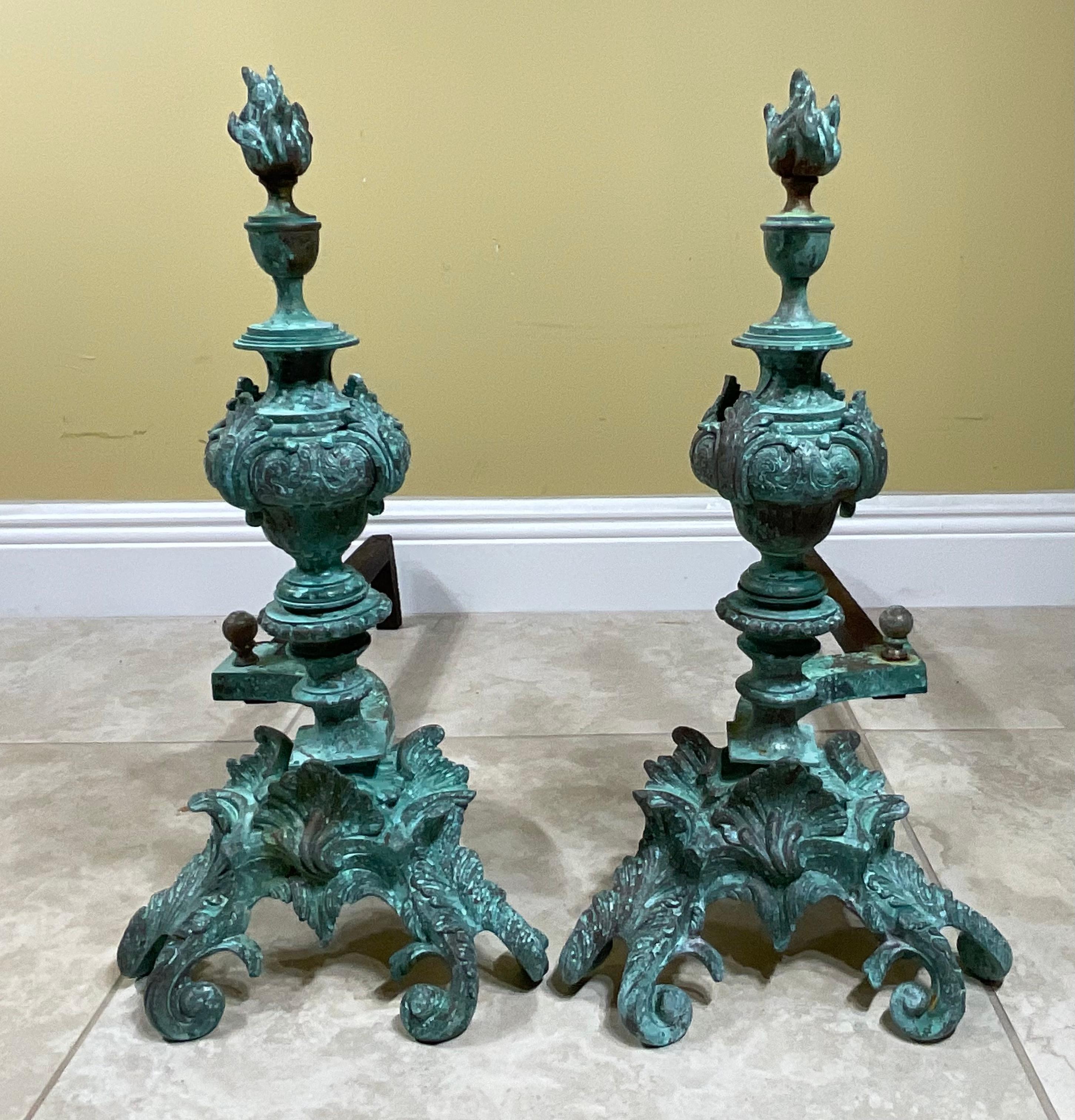Bronze Brass Iron Rococo Style Fireplace Andirons For Sale 1