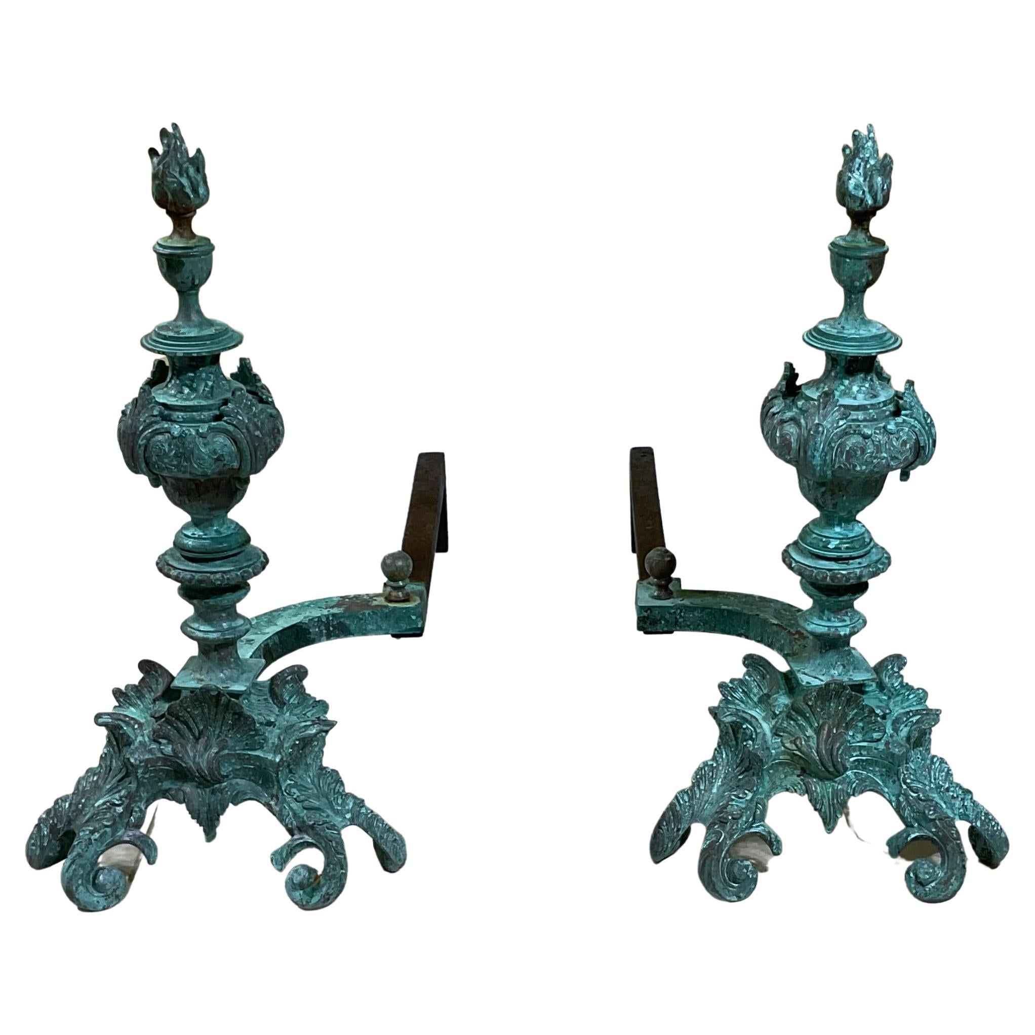 Bronze Brass Iron Rococo Style Fireplace Andirons For Sale